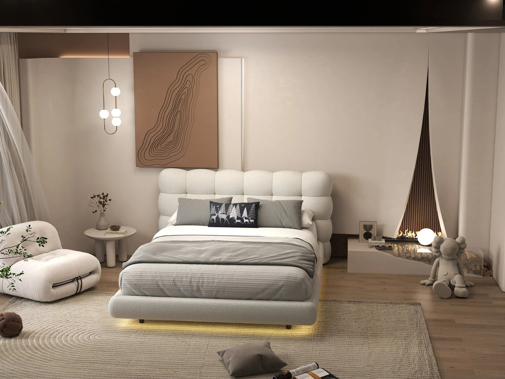 Pat dormitor dumonde, tapitat alb cu LED, "floating bed" Cloud 140x200 cm, somiera inclusa