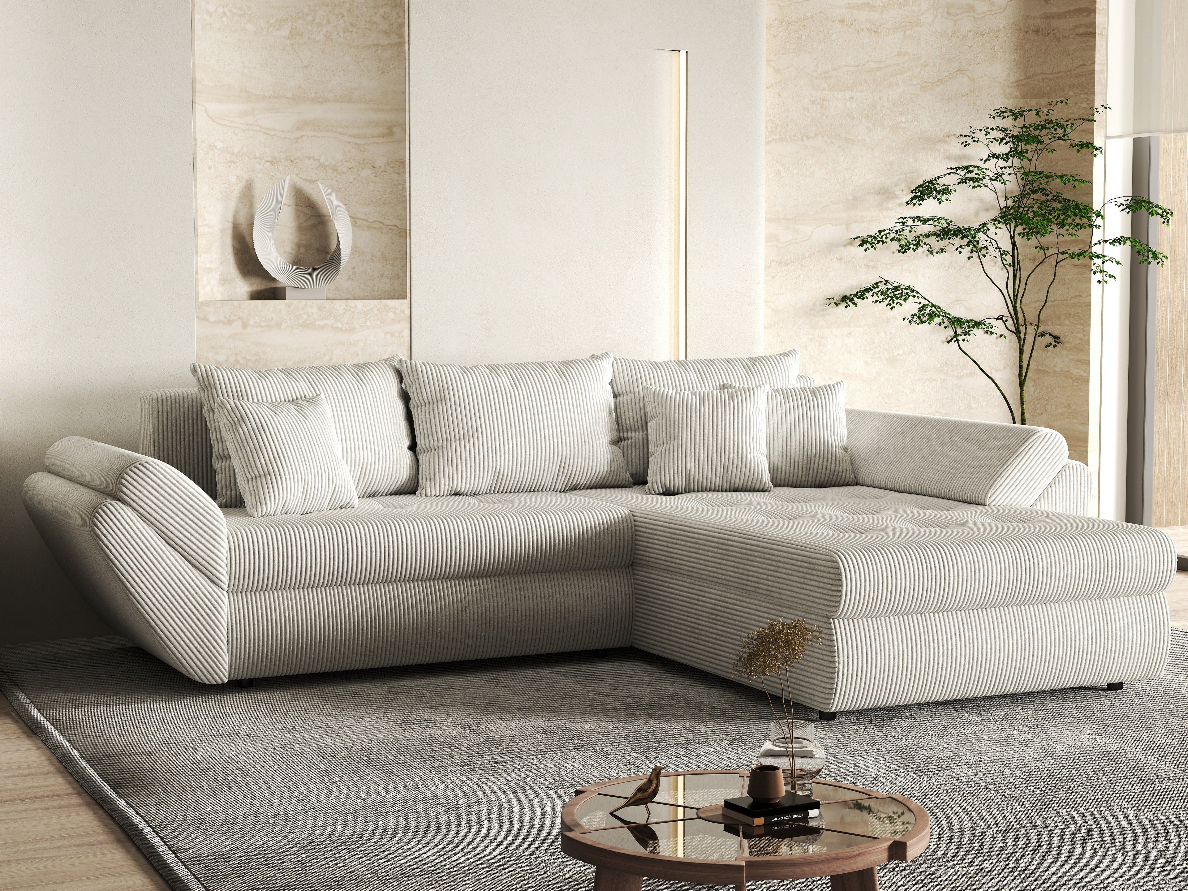 Colțar extensibil dumonde cu ladă de depozitare si sezut confortabil din spuma high-density, Loana Zoom Crem II 270x185 cm