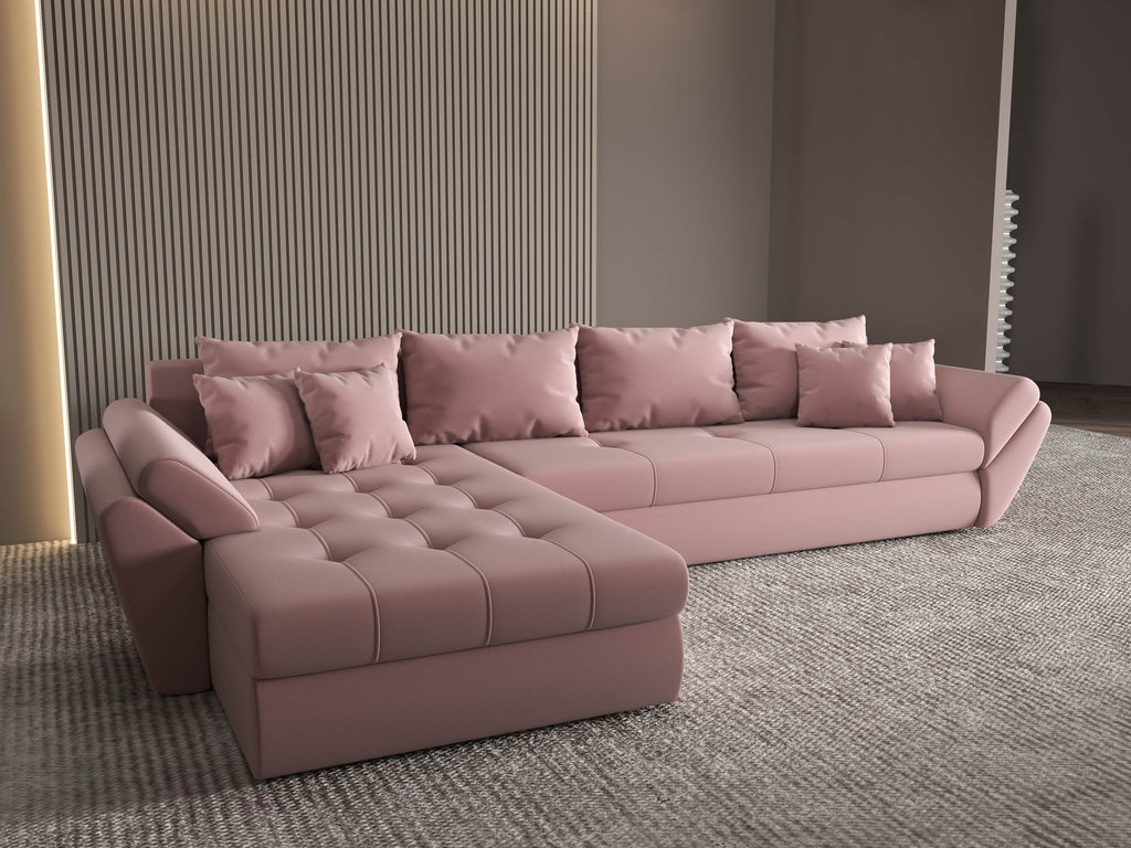 Colțar extensibil dumonde cu ladă de depozitare si sezut confortabil din spuma high-density, Loana XL Royal Roz 335x185 cm