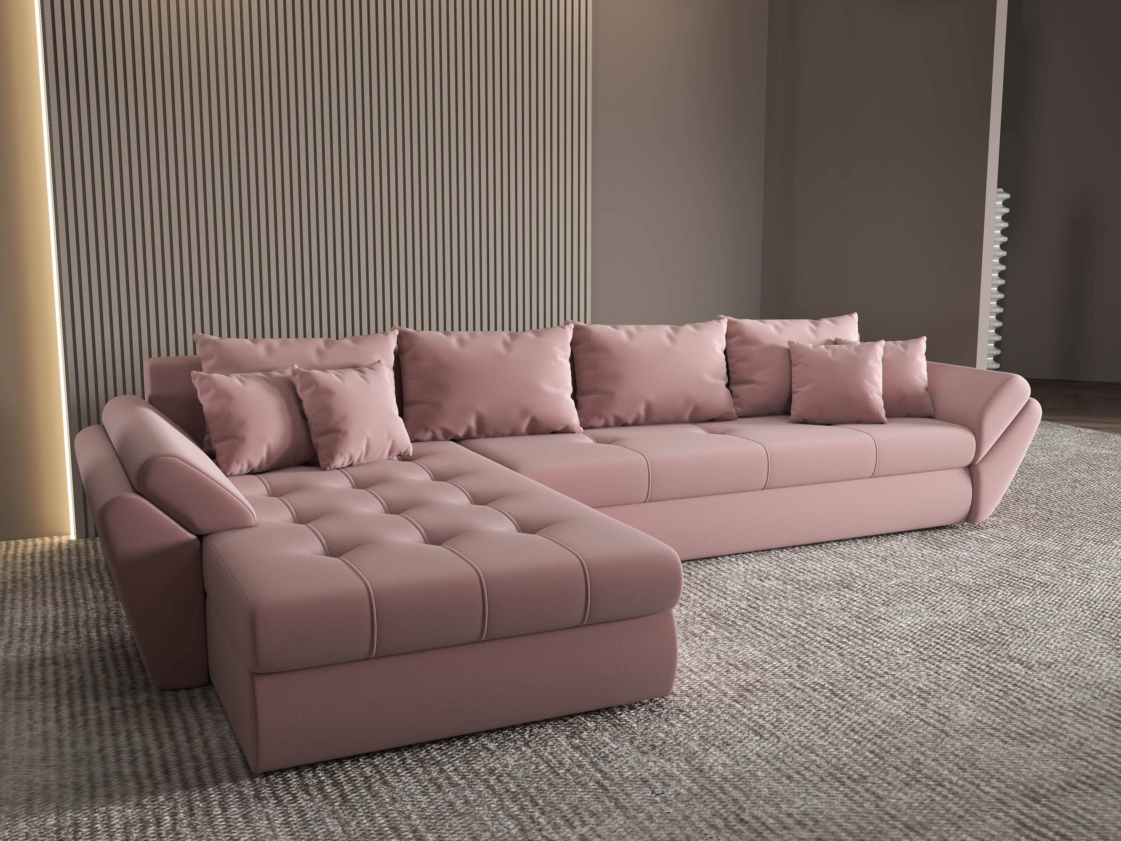 Colțar extensibil dumonde cu ladă de depozitare si sezut confortabil din spuma high-density, Loana XL Royal Roz 335x185 cm