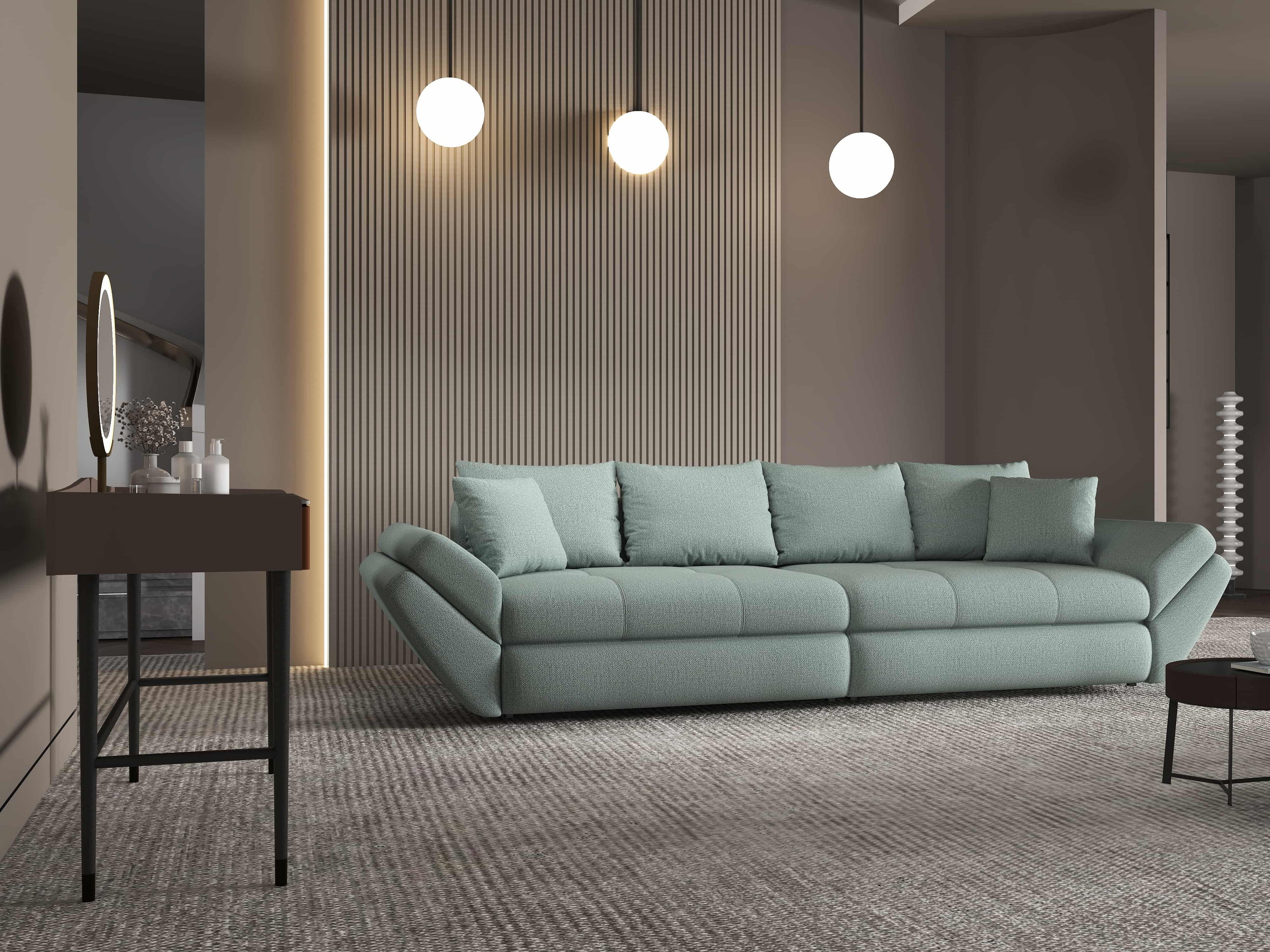 Canapea extensibilă dumonde cu ladă de depozitare si sezut confortabil din spuma high-density, Loana Enjoy Mint 300x100 cm