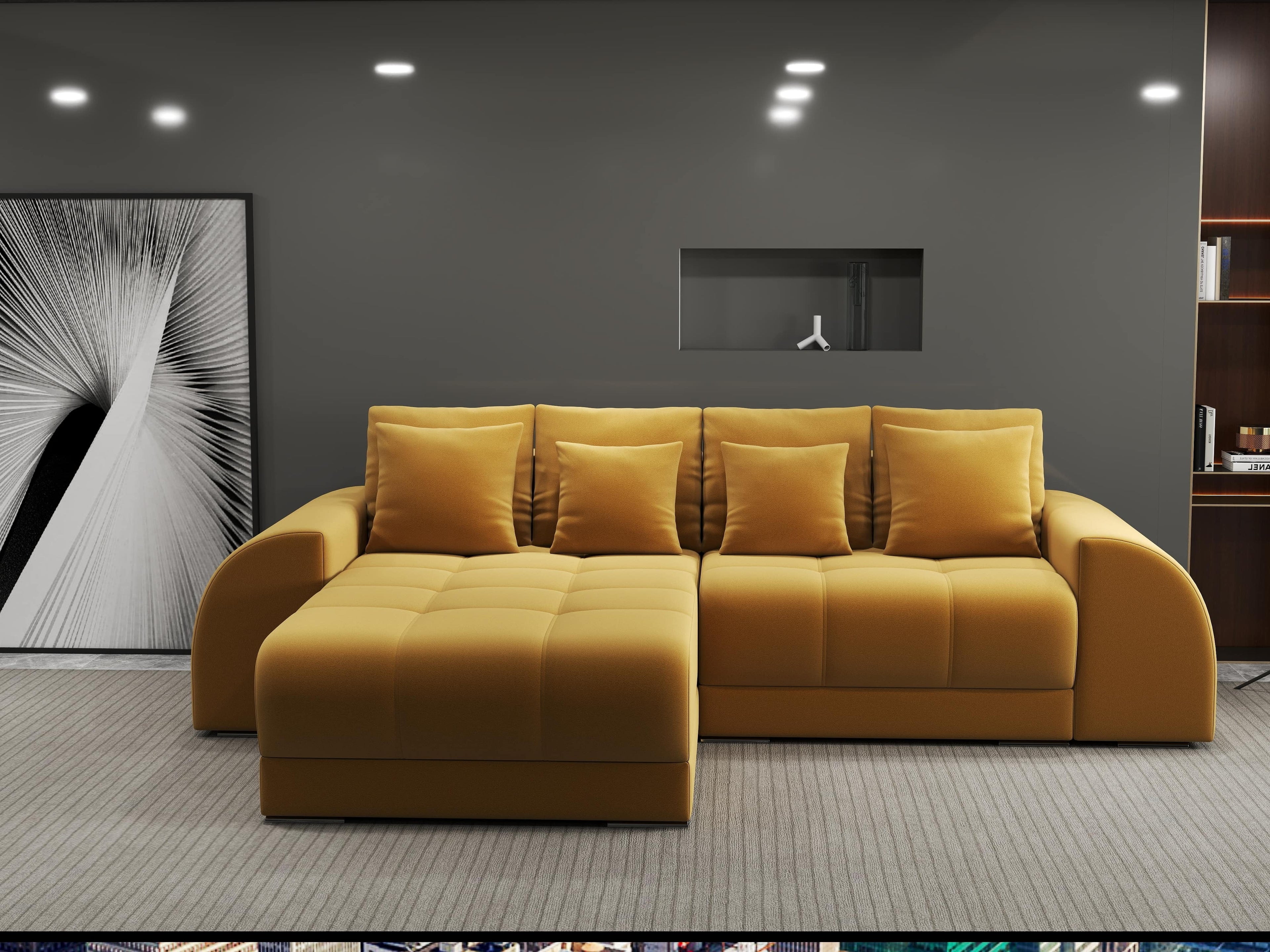 Colțar extensibil dumonde cu ladă de depozitare si sezut confortabil din spuma high-density, Verona Royal Mustar 290x185 cm