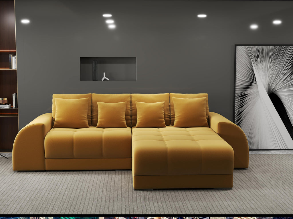 Colțar extensibil dumonde cu ladă de depozitare si sezut confortabil din spuma high-density, Verona Royal Mustar II 290x185 cm