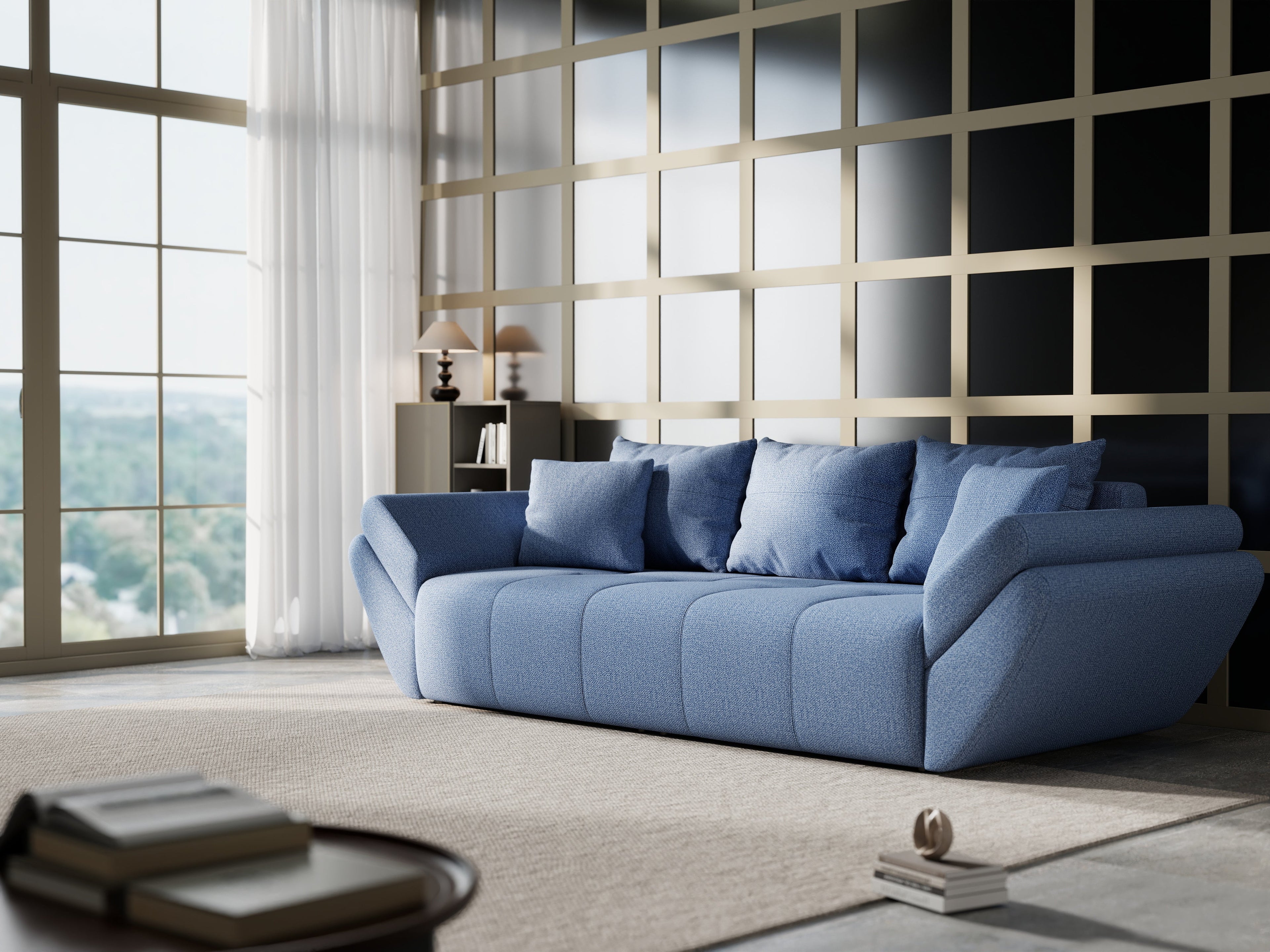 Canapea extensibilă dumonde cu ladă de depozitare si sezut confortabil din spuma high-density, Berlin Enjoy Blue 250x100 cm