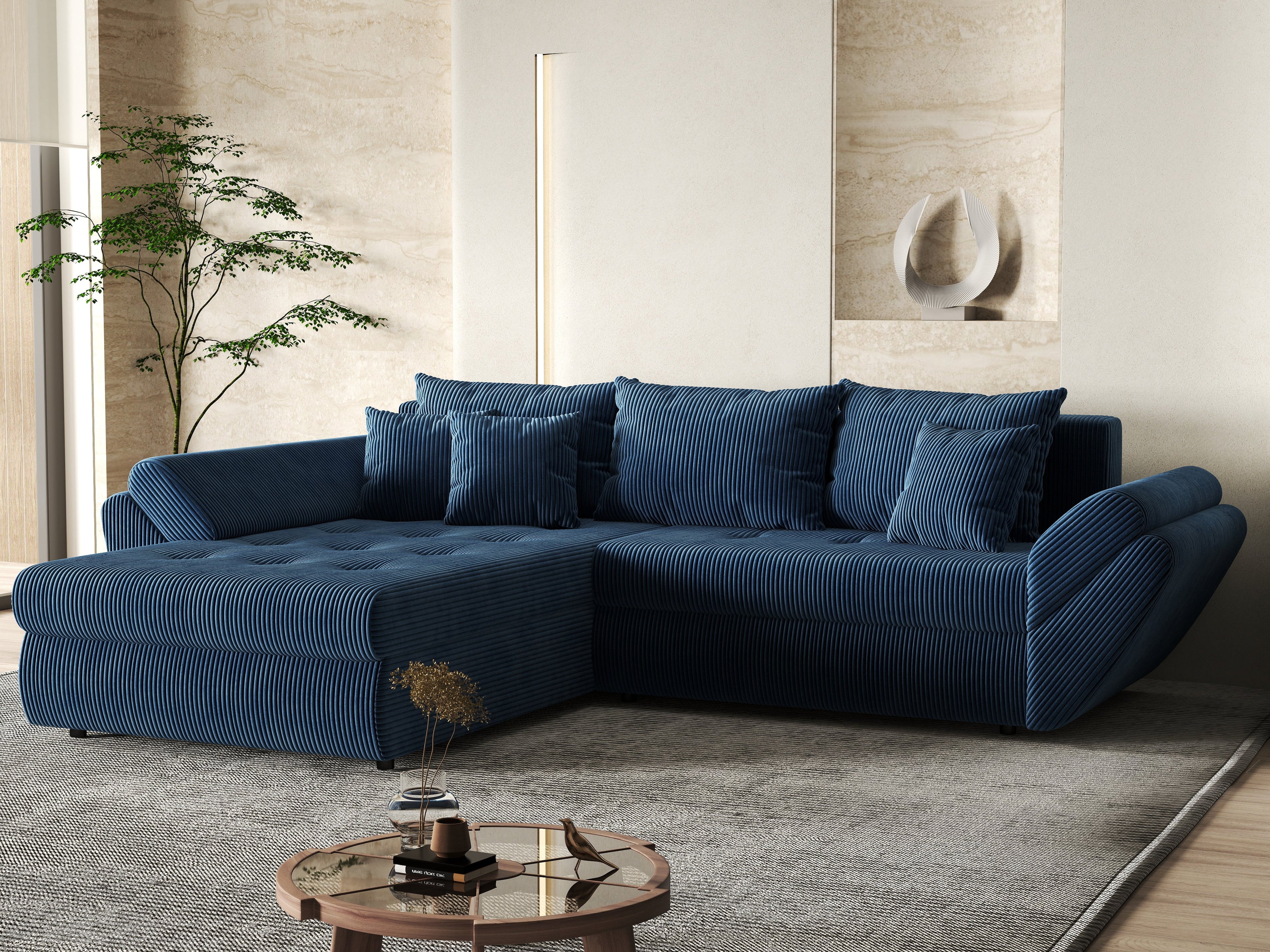 Colțar extensibil dumonde cu ladă de depozitare si sezut confortabil din spuma high-density, Loana Zoom Blue 270x185 cm