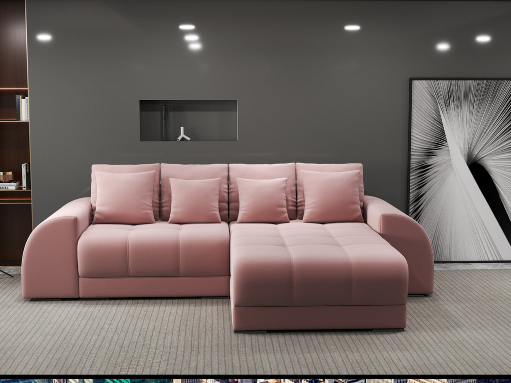 Colțar extensibil dumonde cu ladă de depozitare si sezut confortabil din spuma high-density, Verona Royal Roz II 290x185 cm