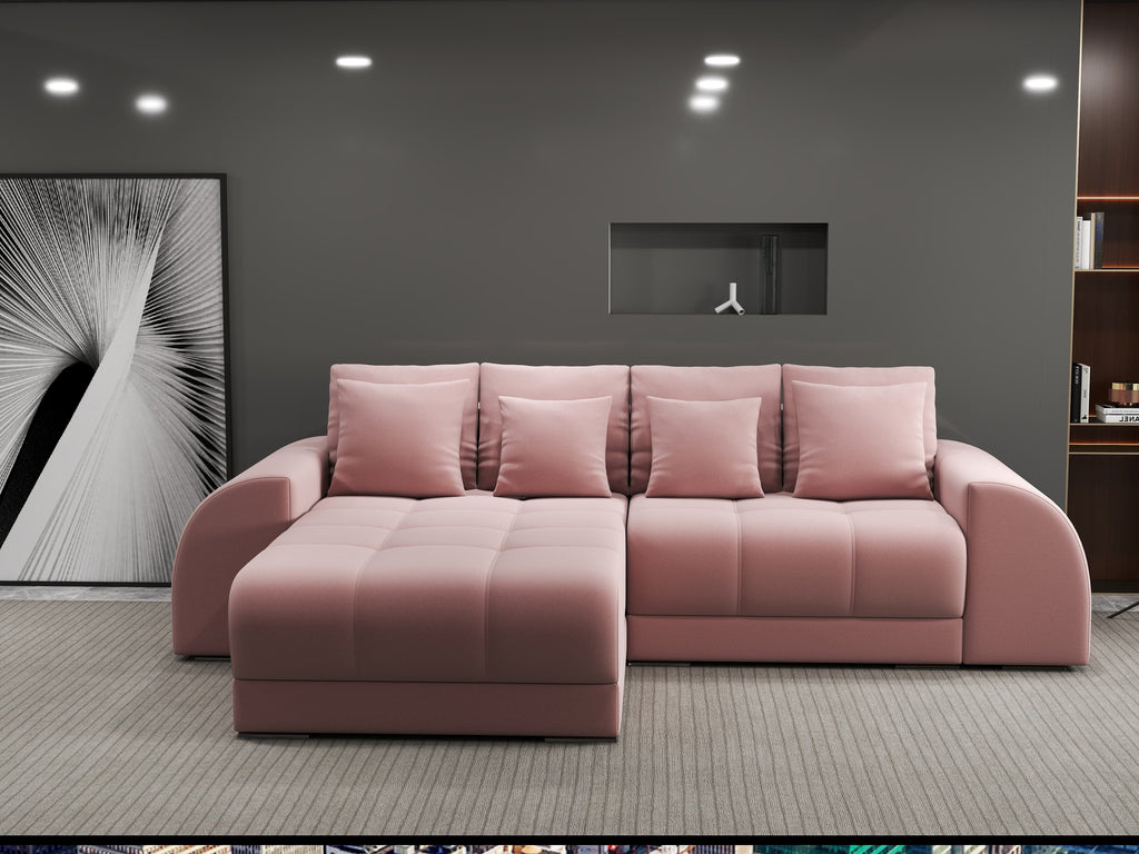 Colțar extensibil dumonde cu ladă de depozitare si sezut confortabil din spuma high-density, Verona Royal Roz 290x185 cm