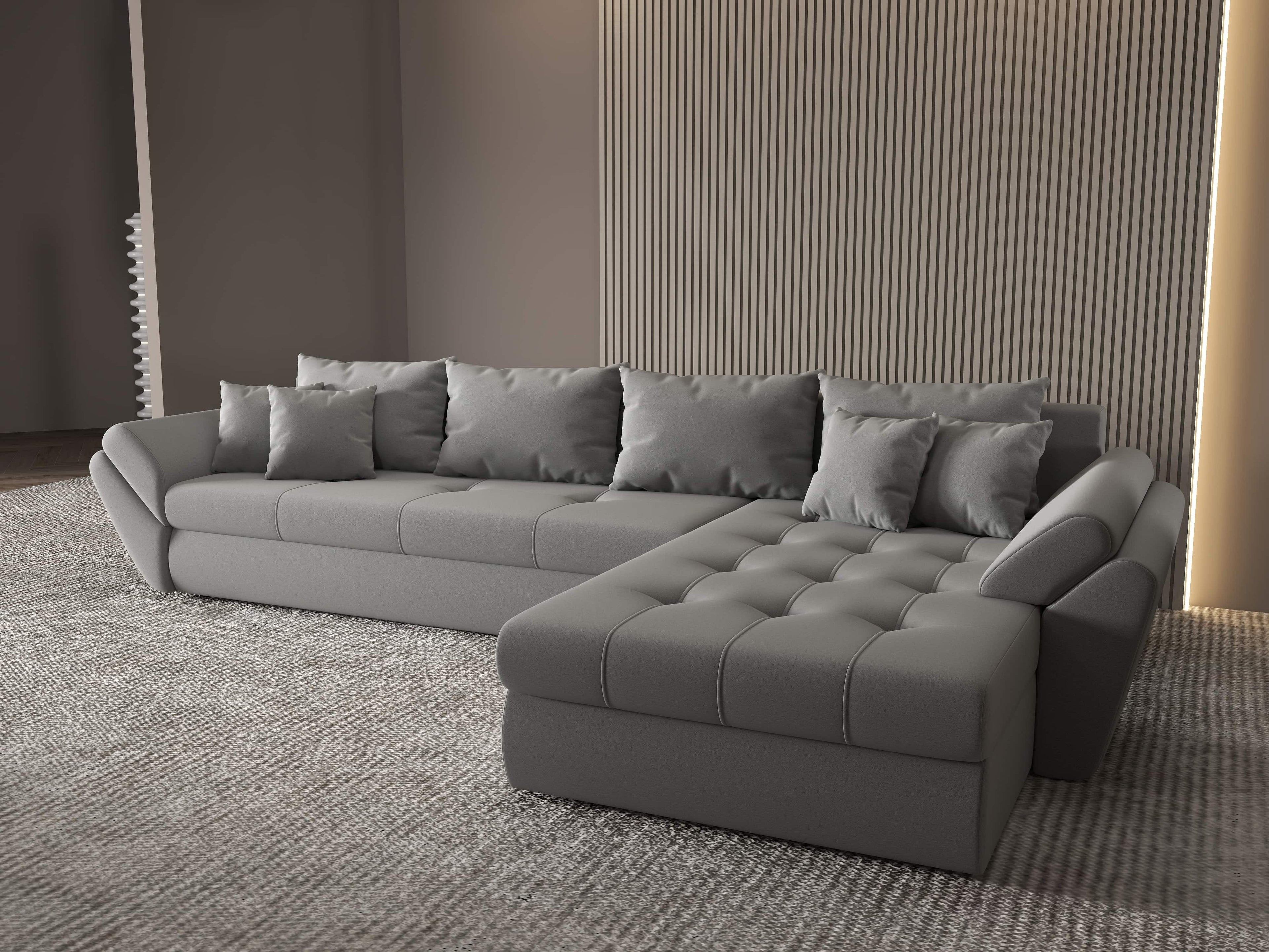 Colțar extensibil dumonde cu ladă de depozitare si sezut confortabil din spuma high-density, Loana XL Royal Gri II 335x185 cm