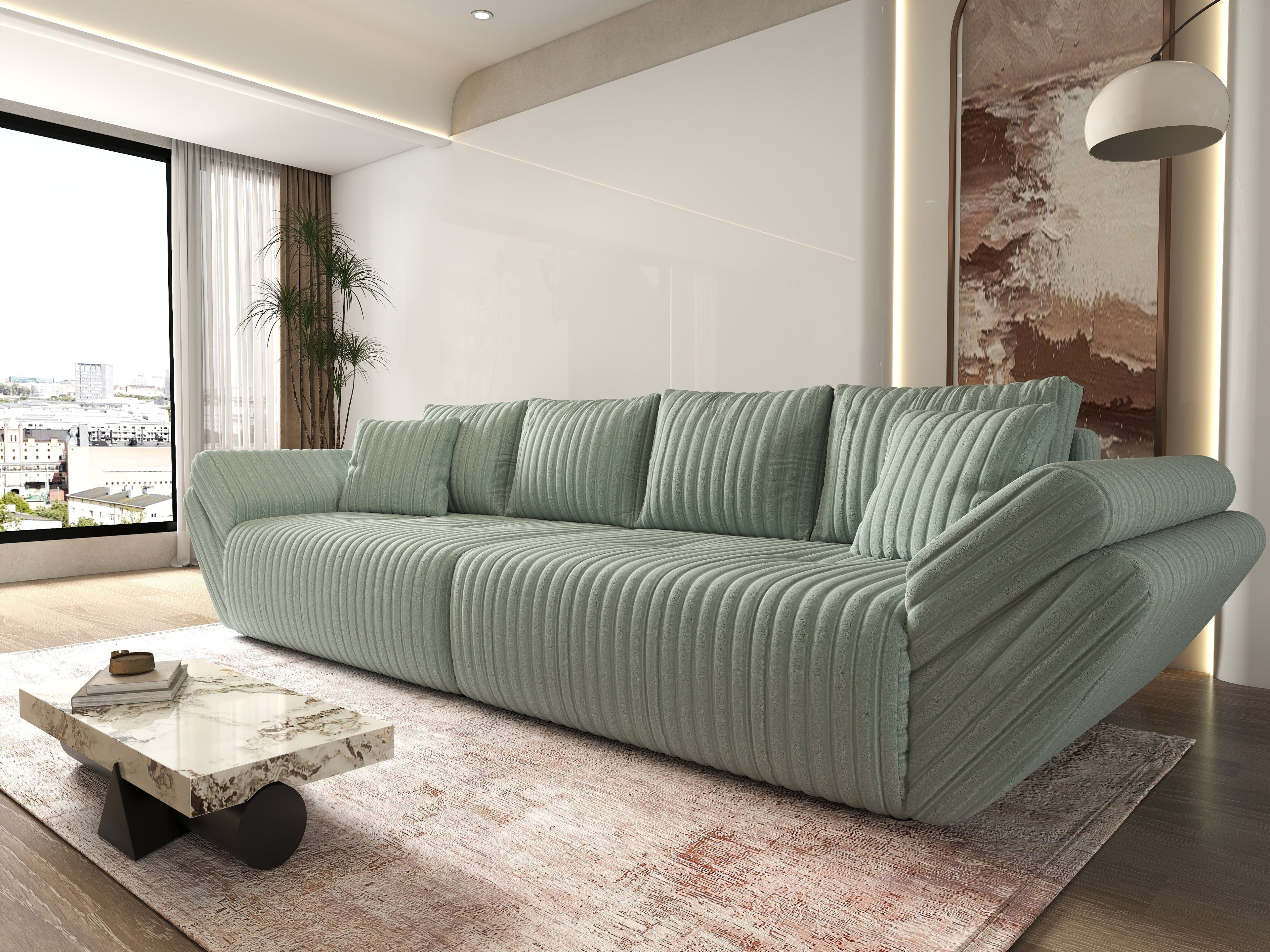 Canapea extensibilă dumonde cu ladă de depozitare si sezut confortabil din spuma high-density, Berlin Ambience Mint 300x100 cm