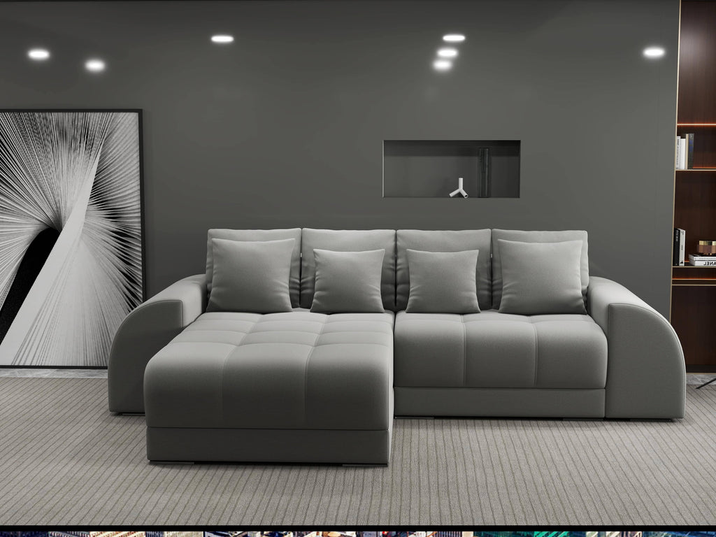Colțar extensibil dumonde cu ladă de depozitare si sezut confortabil din spuma high-density, Verona Royal Gri 290x185 cm