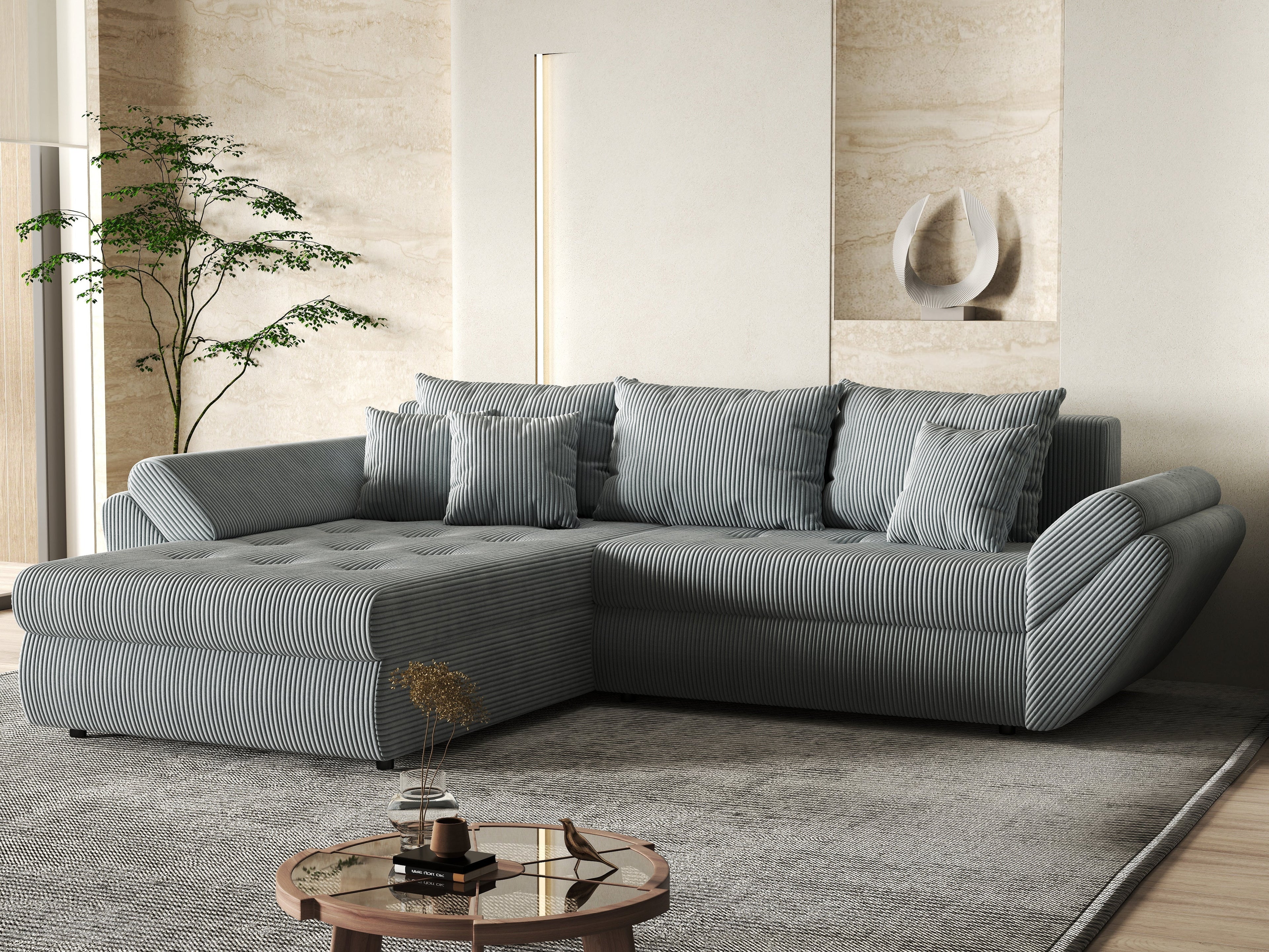 Colțar extensibil dumonde cu ladă de depozitare si sezut confortabil din spuma high-density, Loana Zoom Grey 270x185 cm