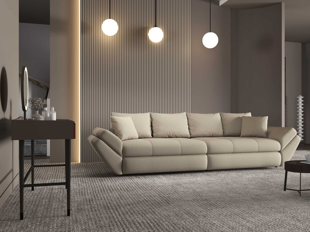 Canapea extensibilă dumonde cu ladă de depozitare si sezut confortabil din spuma high-density, Loana Enjoy Camel 300x100 cm