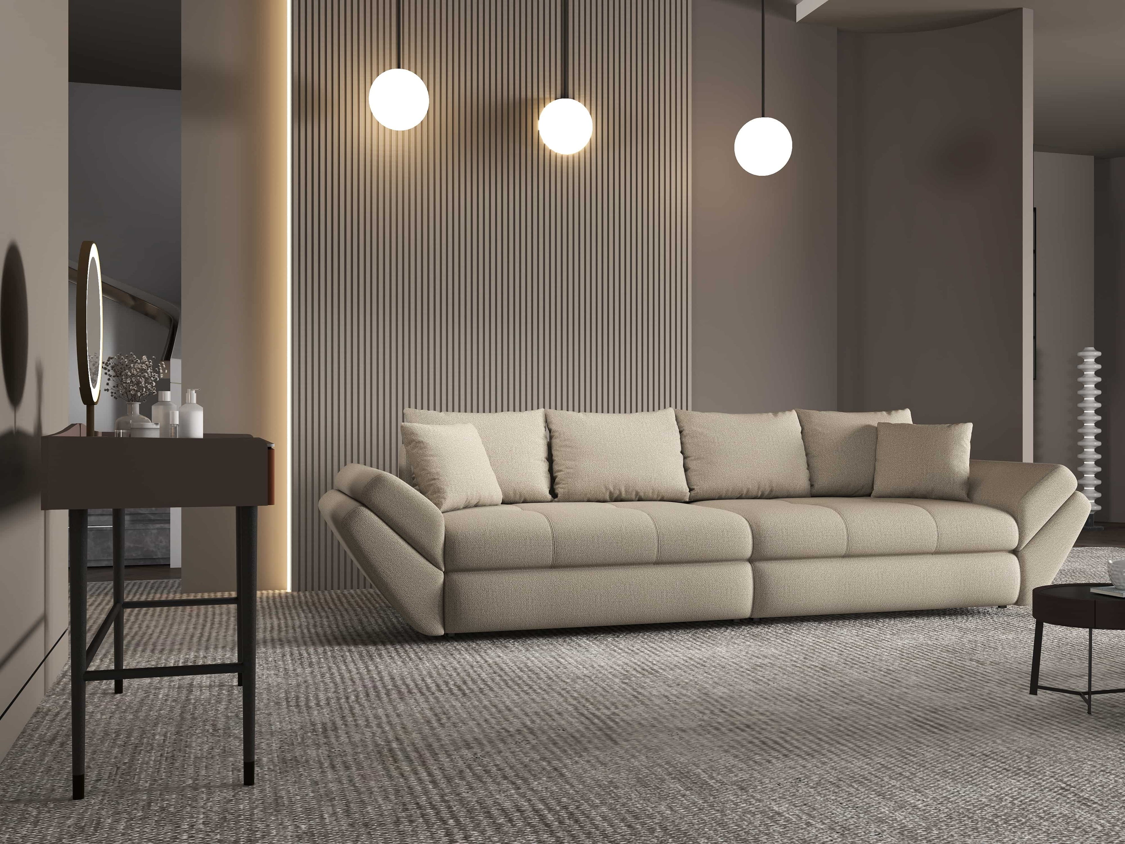 Canapea extensibilă dumonde cu ladă de depozitare si sezut confortabil din spuma high-density, Loana Enjoy Camel 300x100 cm