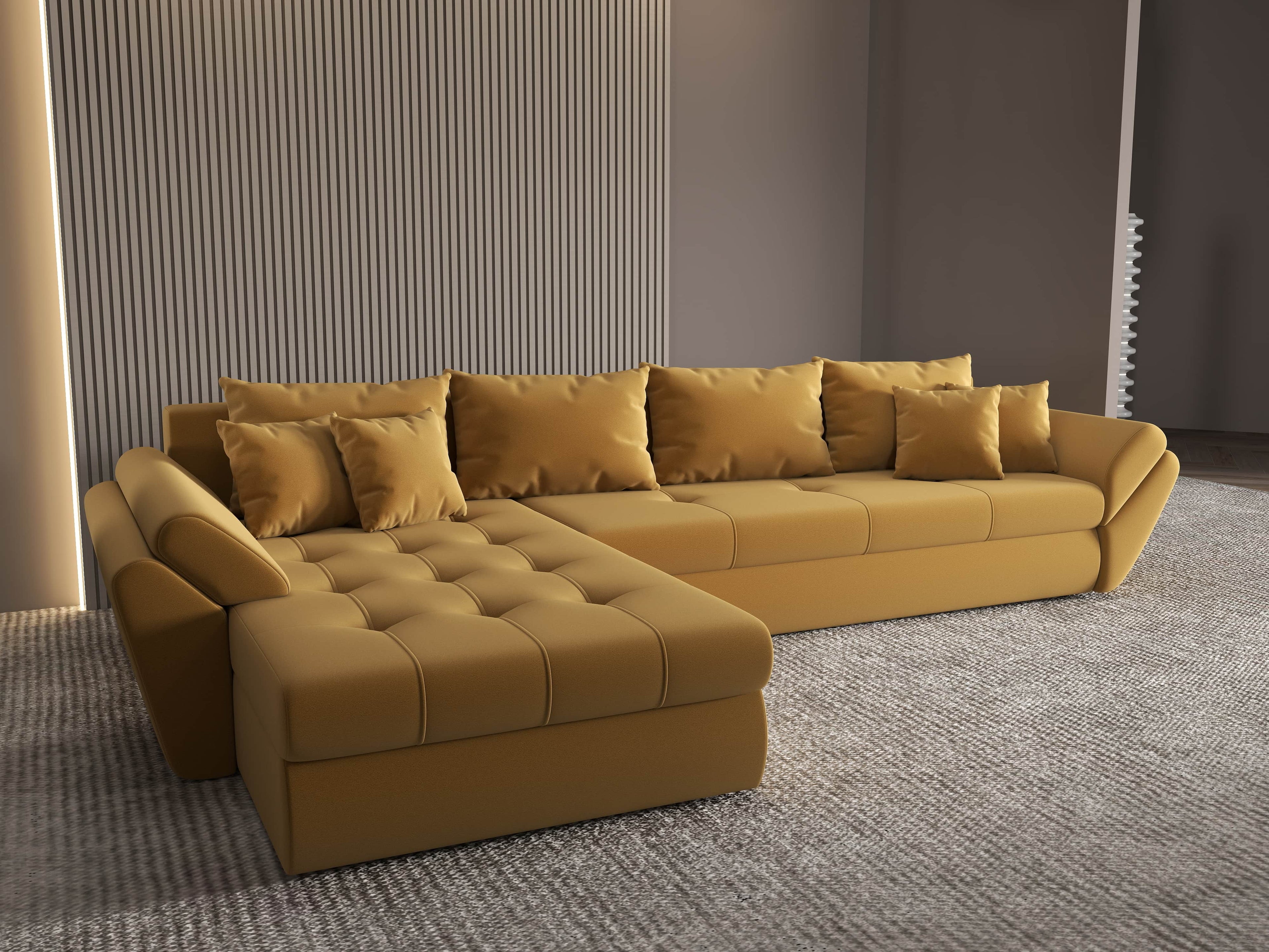 Colțar extensibil dumonde cu ladă de depozitare si sezut confortabil din spuma high-density, Loana XL Royal Mustar 335x185 cm