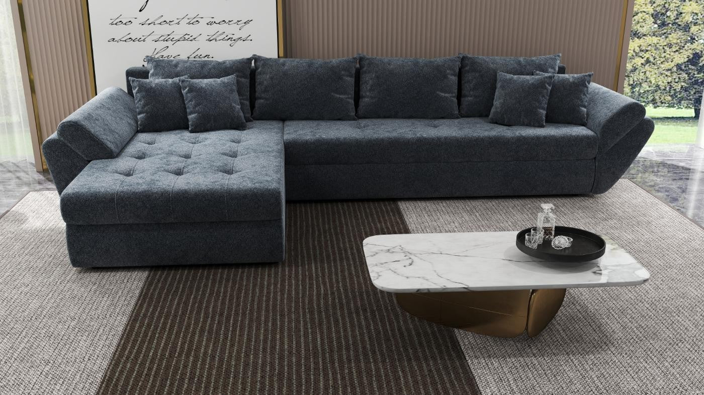 Colțar extensibil dumonde cu ladă de depozitare si sezut confortabil din spuma high-density, Loana XL Euphoria Grafit 335x185 cm