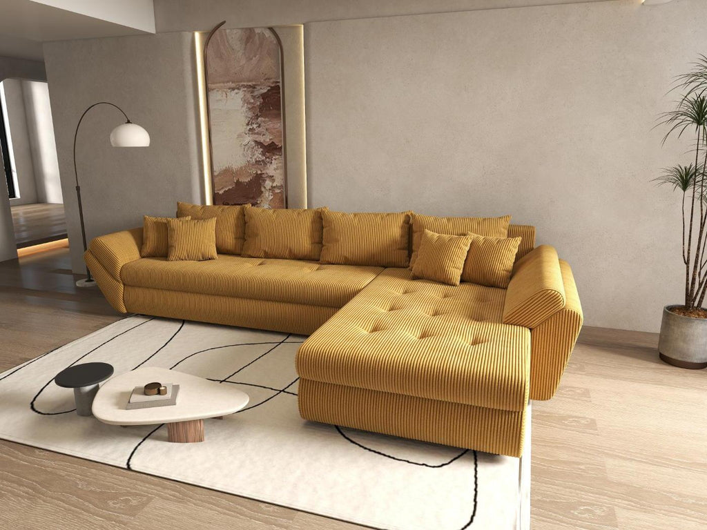 Colțar extensibil dumonde cu ladă de depozitare si sezut confortabil din spuma high-density, Loana XL Zoom Mustar II 335x185 cm