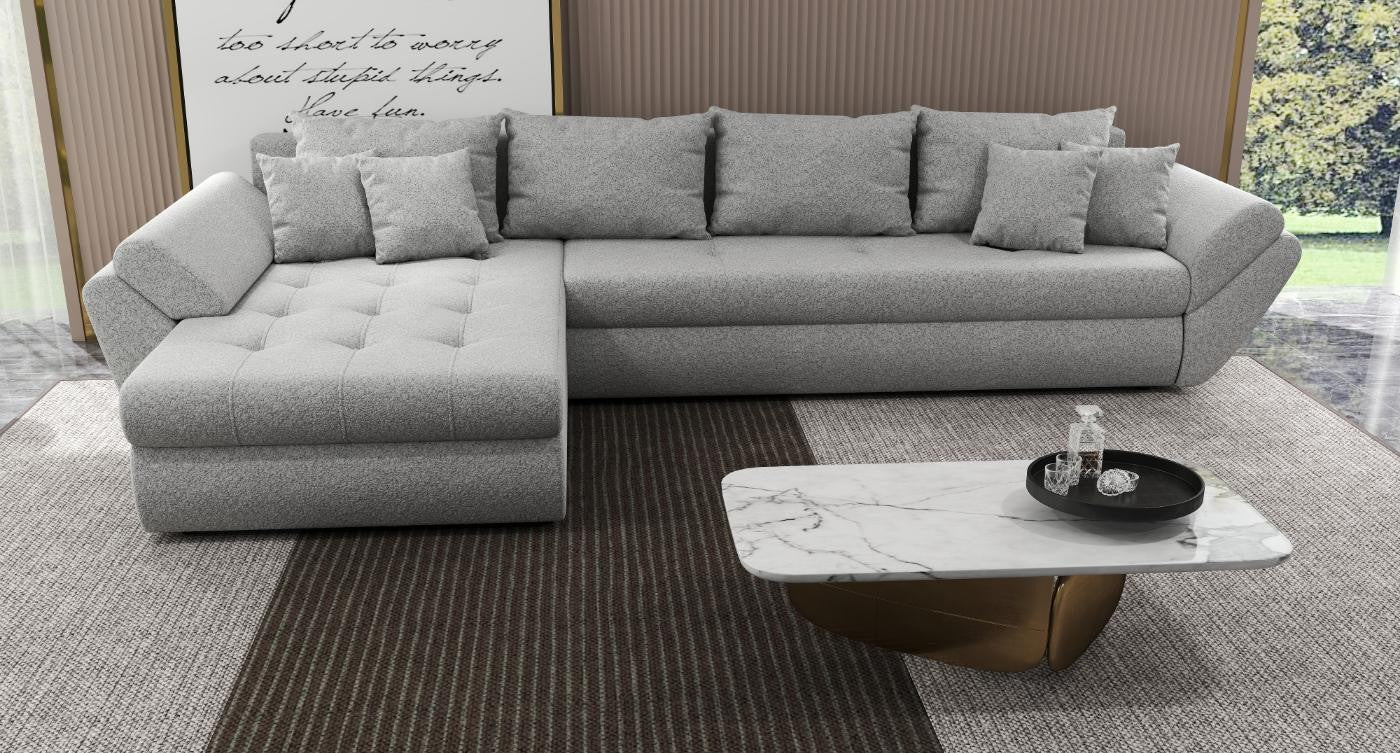 Colțar extensibil dumonde cu ladă de depozitare si sezut confortabil din spuma high-density, Loana XL Euphoria Dove 335x185 cm