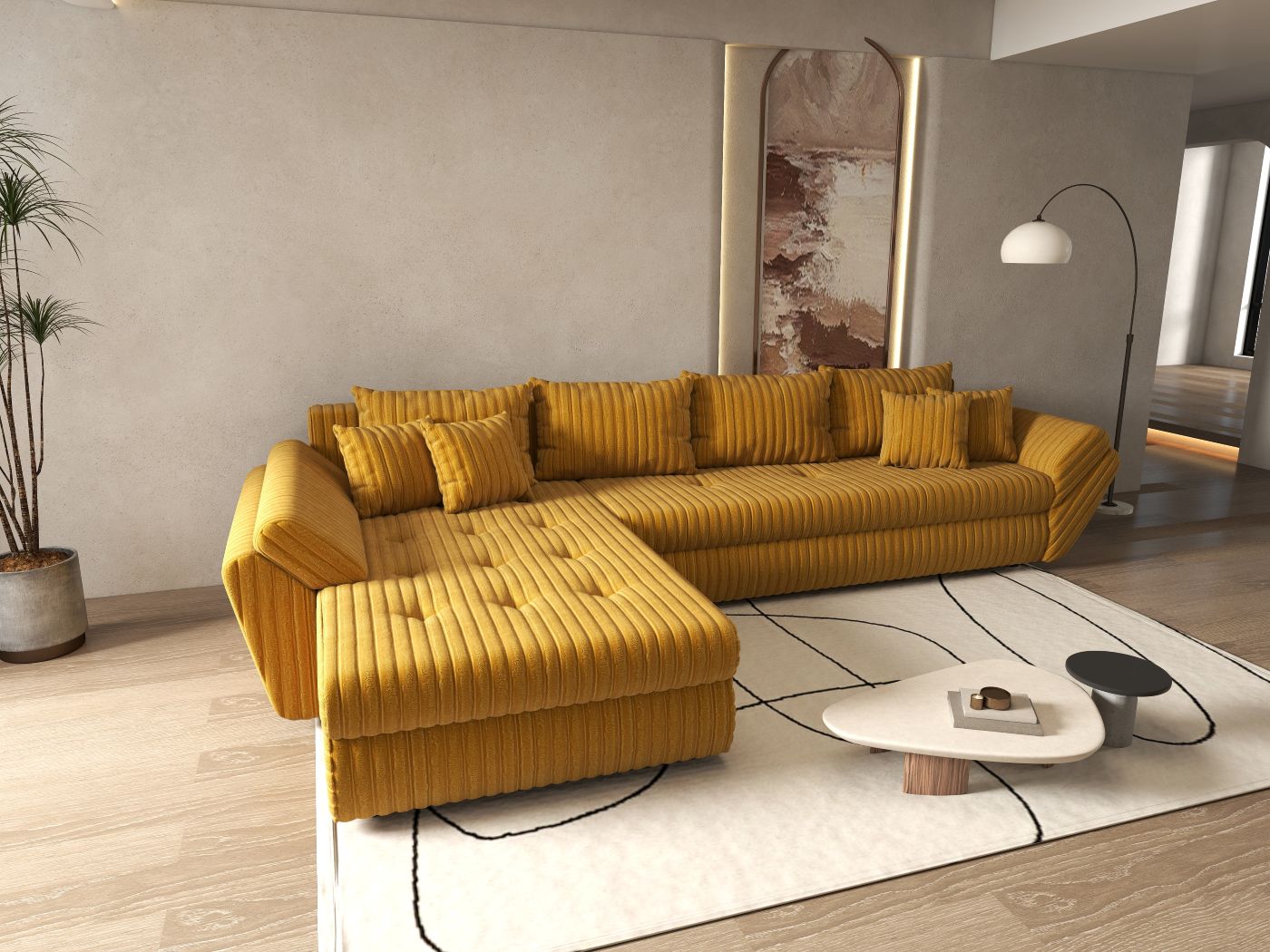 Colțar extensibil dumonde cu ladă de depozitare si sezut confortabil din spuma high-density, Loana XL Ambience Mustar 335x185 cm