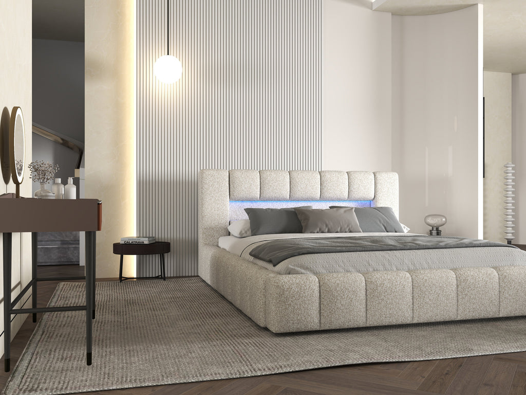 Pat dormitor dumonde, tapitat gri cu LED si USB, Palermo 160x200 cm, somiera rabatabila inclusa, spatiu depozitare