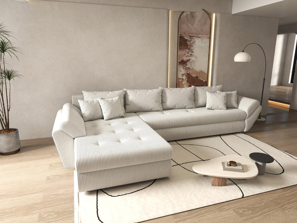 Colțar extensibil dumonde cu ladă de depozitare si sezut confortabil din spuma high-density, Loana XL Zoom Cream 335x185 cm