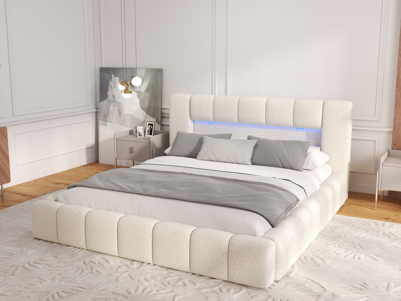 Pat dormitor dumonde, tapitat bej cu LED si USB, Palermo 160x200 cm, somiera rabatabila inclusa, spatiu depozitare