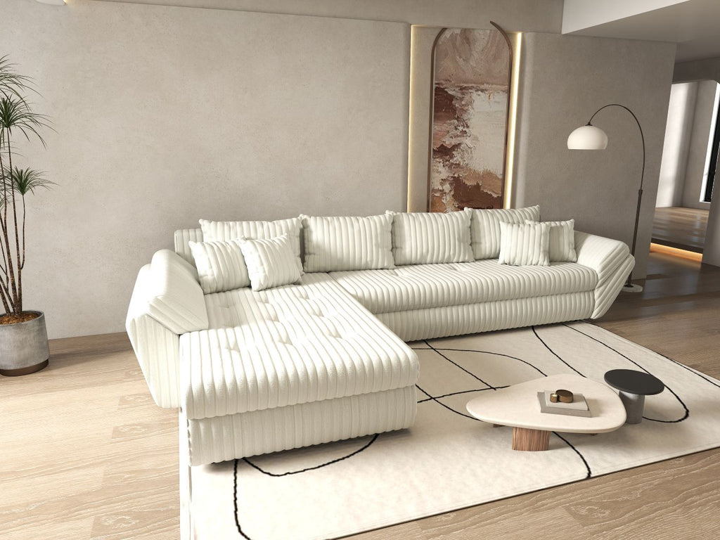 Colțar extensibil dumonde cu ladă de depozitare si sezut confortabil din spuma high-density, Loana XL Ambience Ivory 335x185 cm