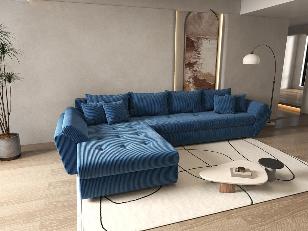 Colțar extensibil dumonde cu ladă de depozitare si sezut confortabil din spuma high-density, Loana XL Zoom Albastru 335x185 cm