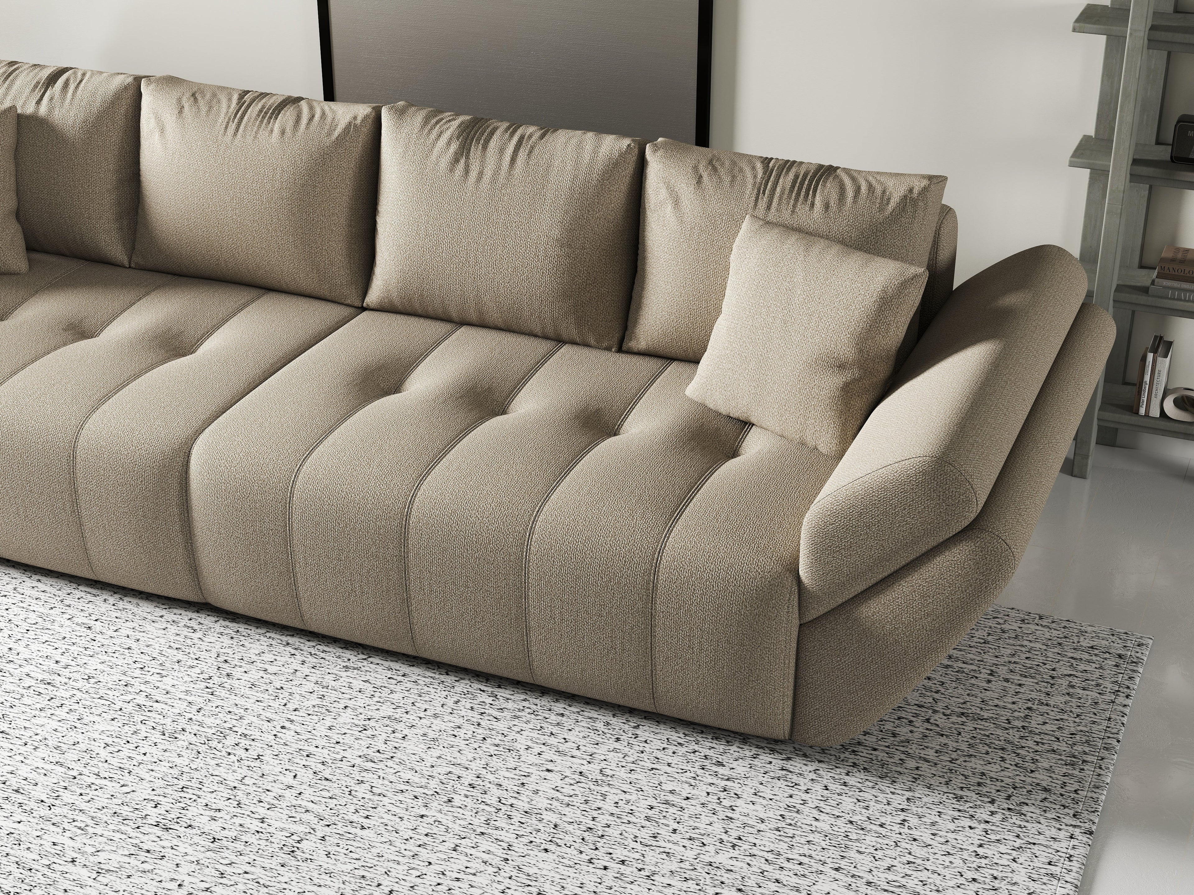 Canapea extensibilă dumonde cu ladă de depozitare si sezut confortabil din spuma high-density, Berlin Enjoy Camel 300x100 cm