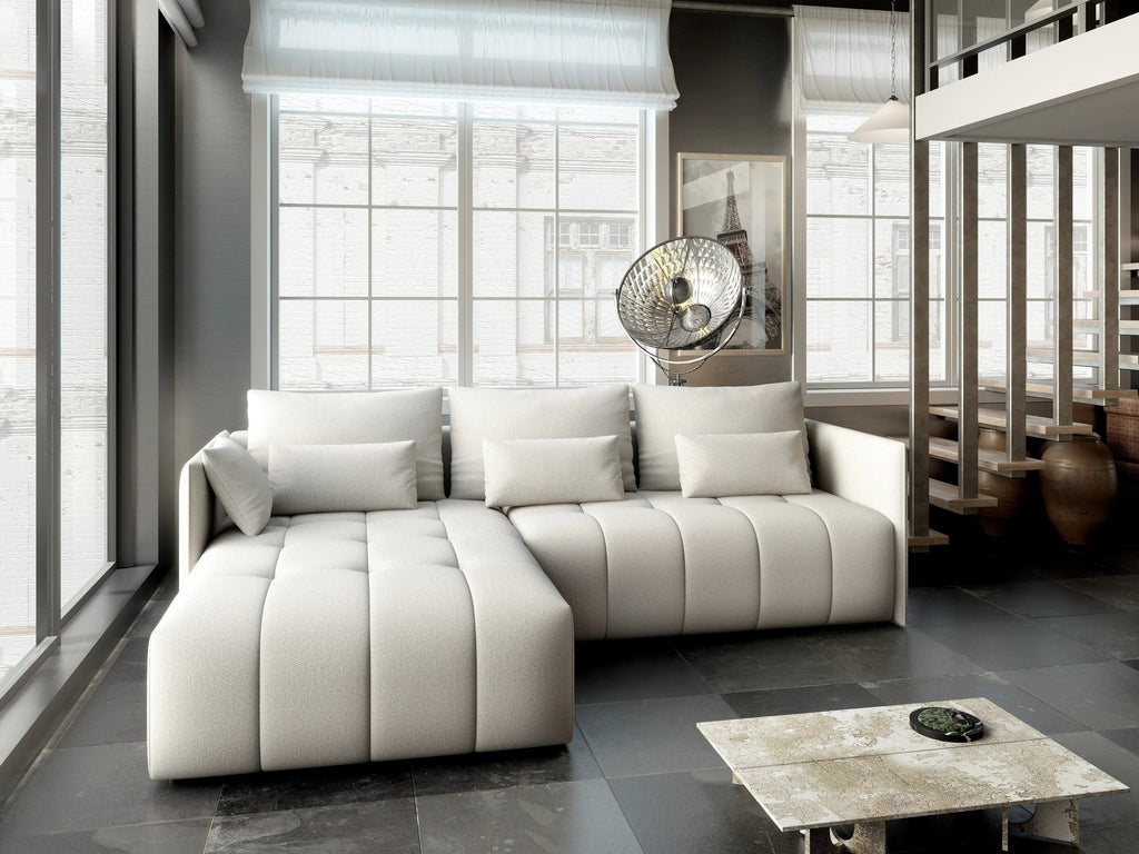Colțar extensibil dumonde cu ladă de depozitare si sezut confortabil din spuma high-density, Malta Enjoy Beige 235x185 cm