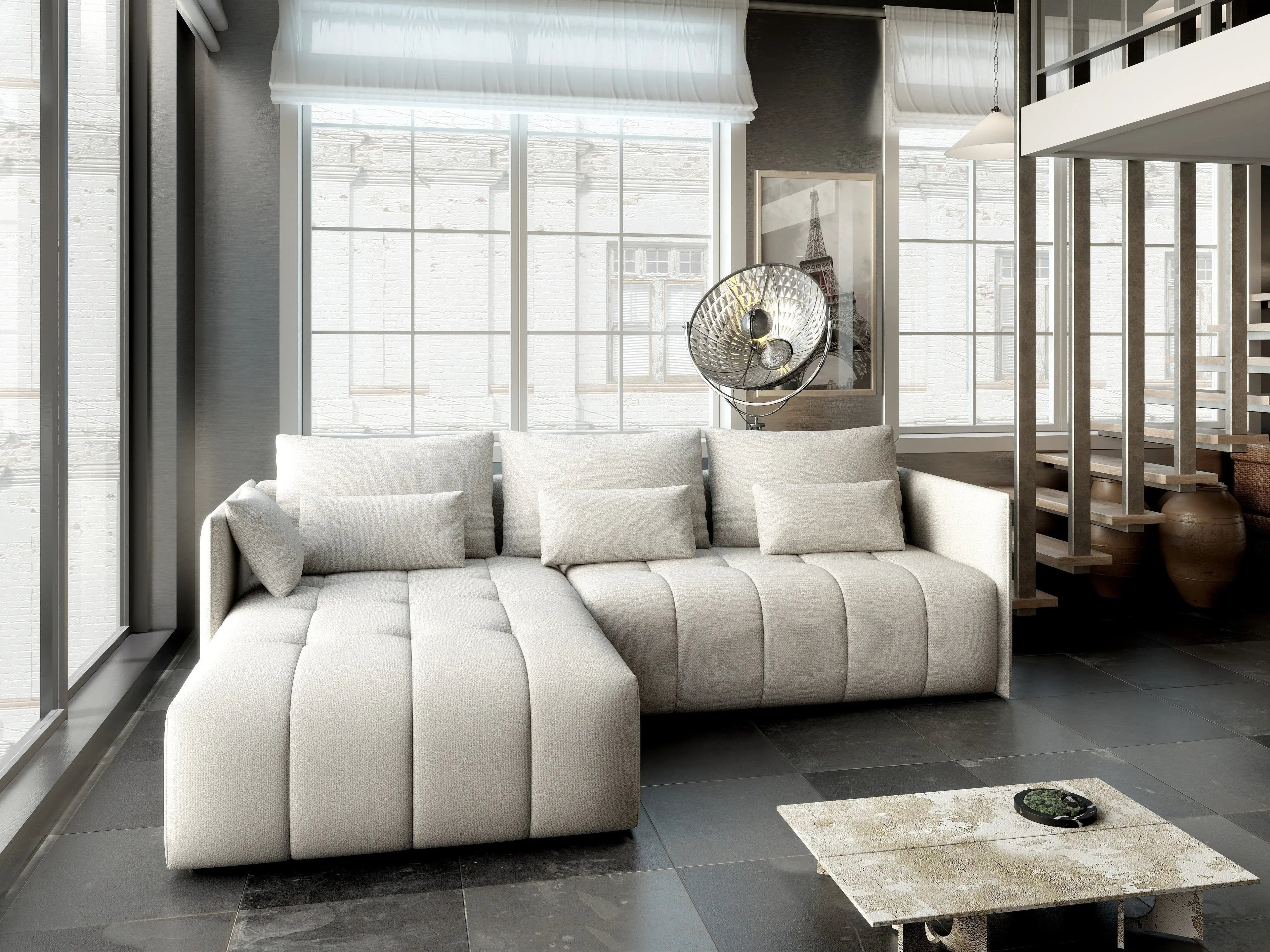 Colțar extensibil dumonde cu ladă de depozitare si sezut confortabil din spuma high-density, Malta Enjoy Beige 235x185 cm