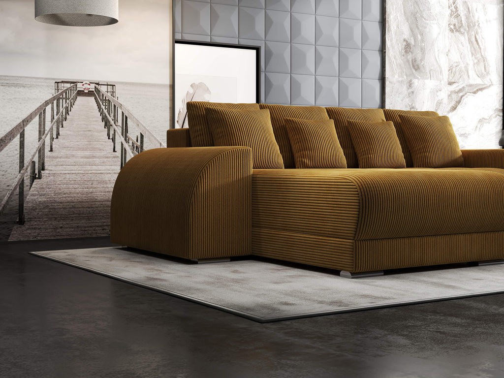 Colțar extensibil dumonde cu ladă de depozitare si sezut confortabil din spuma high-density, Verona Zoom Mustar 290x185 cm
