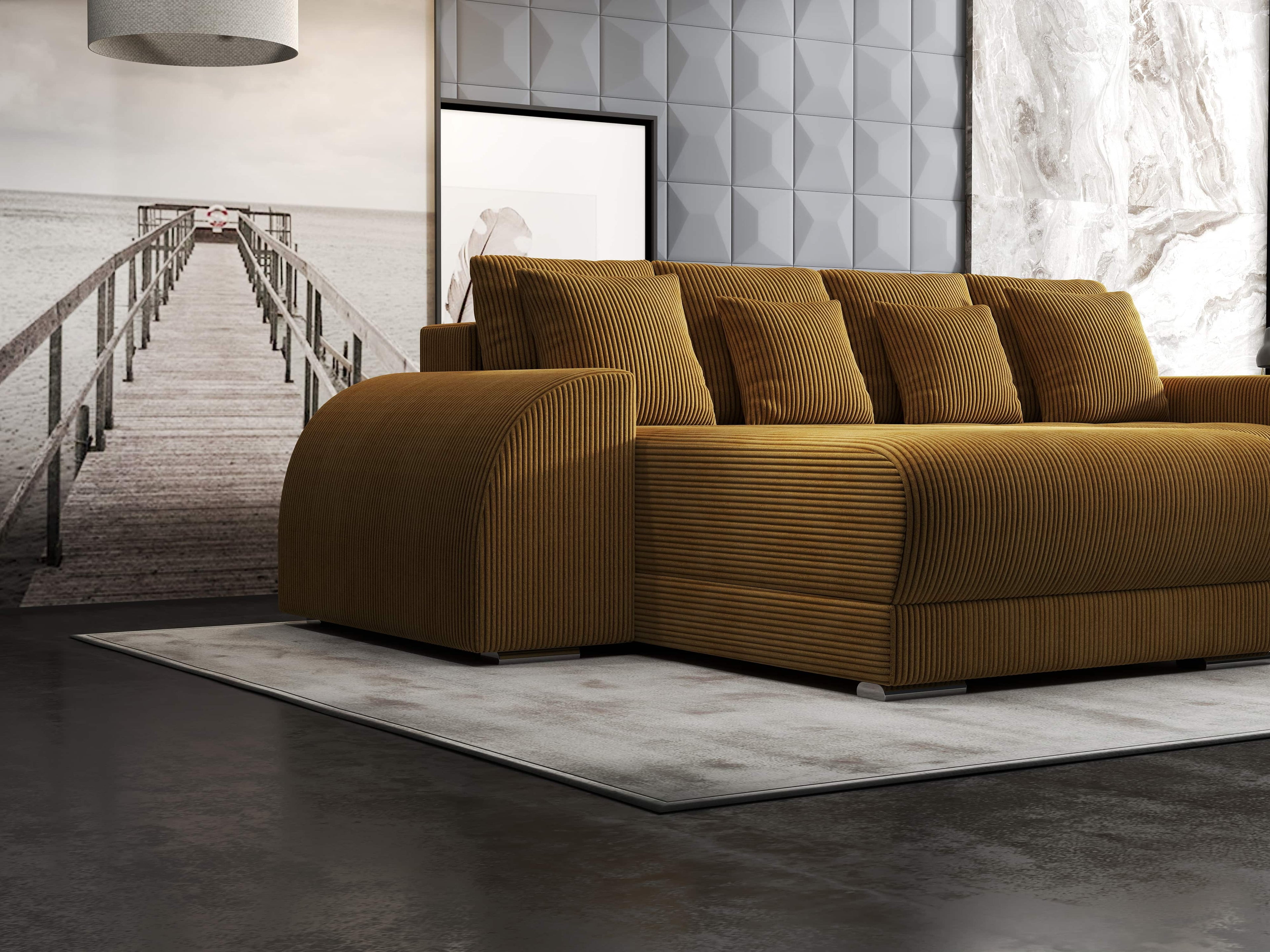 Colțar extensibil dumonde cu ladă de depozitare si sezut confortabil din spuma high-density, Verona Zoom Mustar 290x185 cm