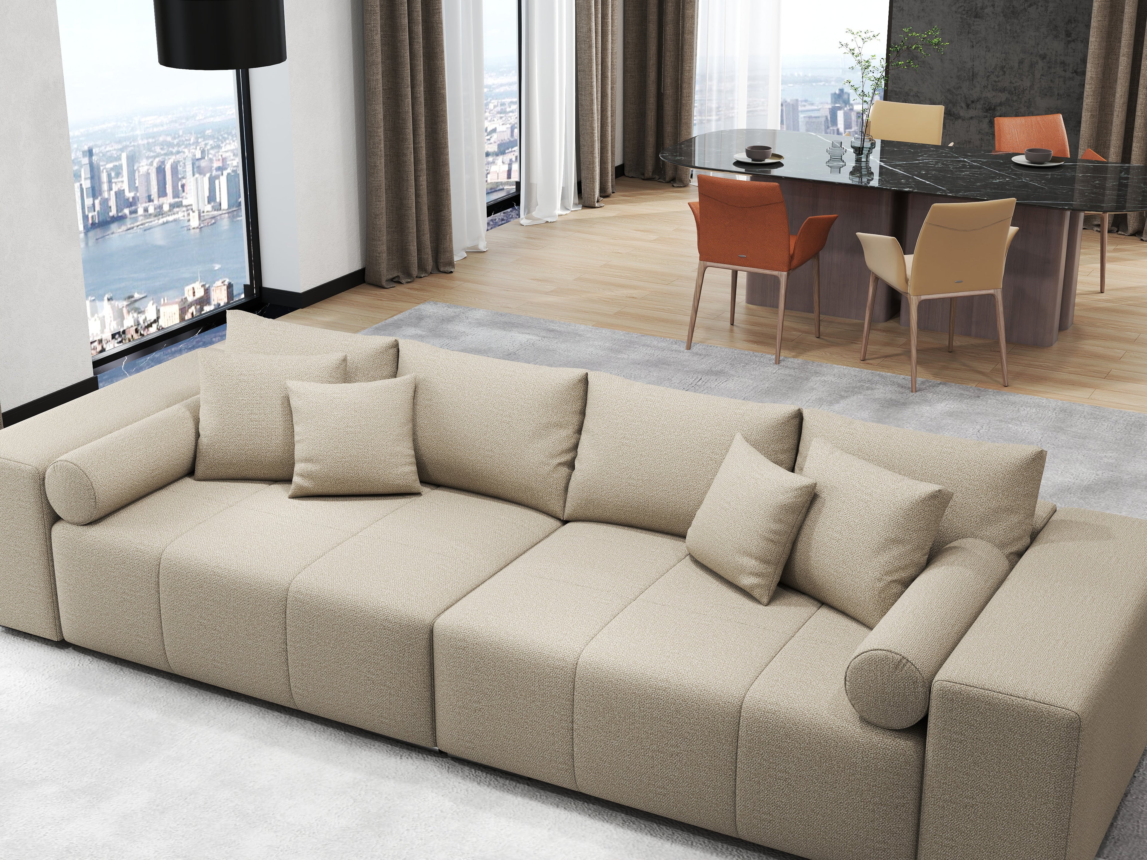 Canapea extensibilă dumonde cu ladă de depozitare si sezut confortabil din spuma high-density, Marbela Enjoy Camel XXL 295x100 cm