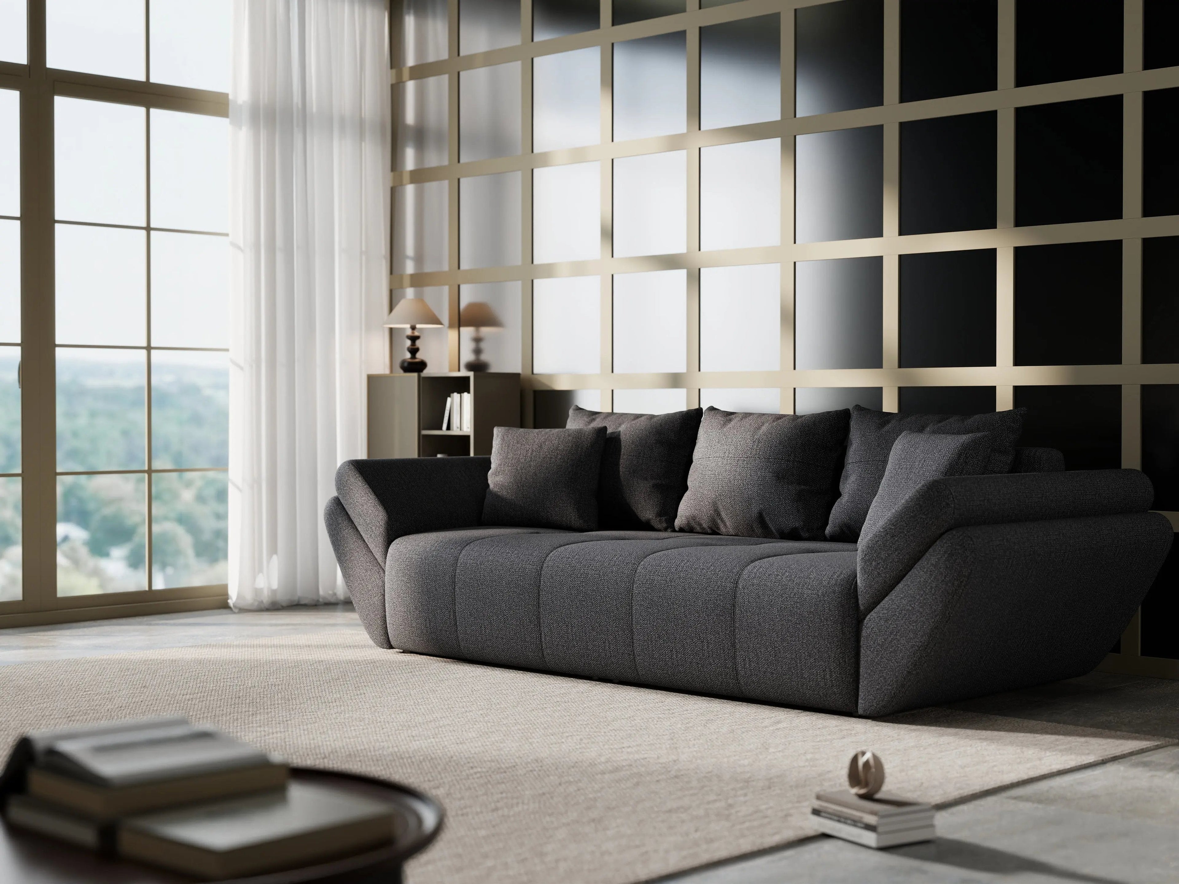 Canapea extensibilă dumonde cu ladă de depozitare si sezut confortabil din spuma high-density, Berlin Enjoy Graphite 250x100 cm