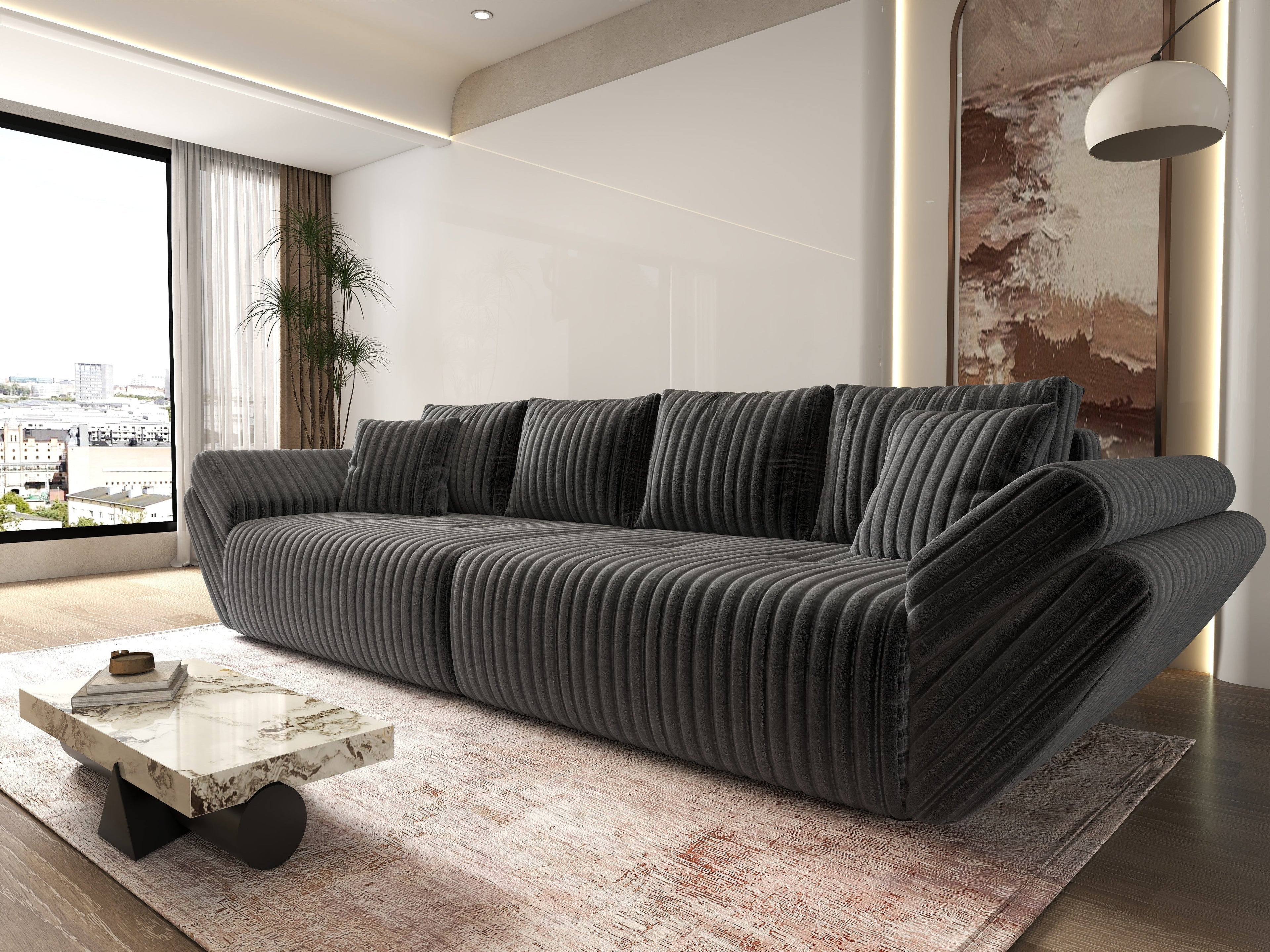 Canapea extensibilă dumonde cu ladă de depozitare si sezut confortabil din spuma high-density, Berlin Ambience Grey 300x100 cm