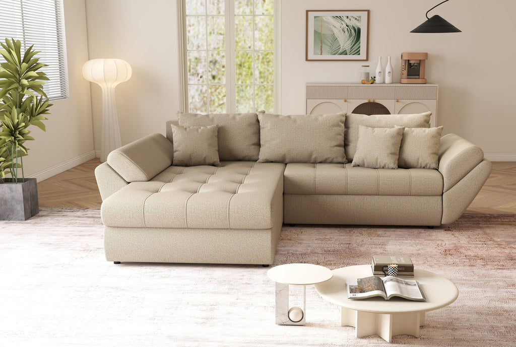 Colțar extensibil dumonde cu ladă de depozitare si sezut confortabil din spuma high-density, Loana Enjoy Camel 270x185 cm
