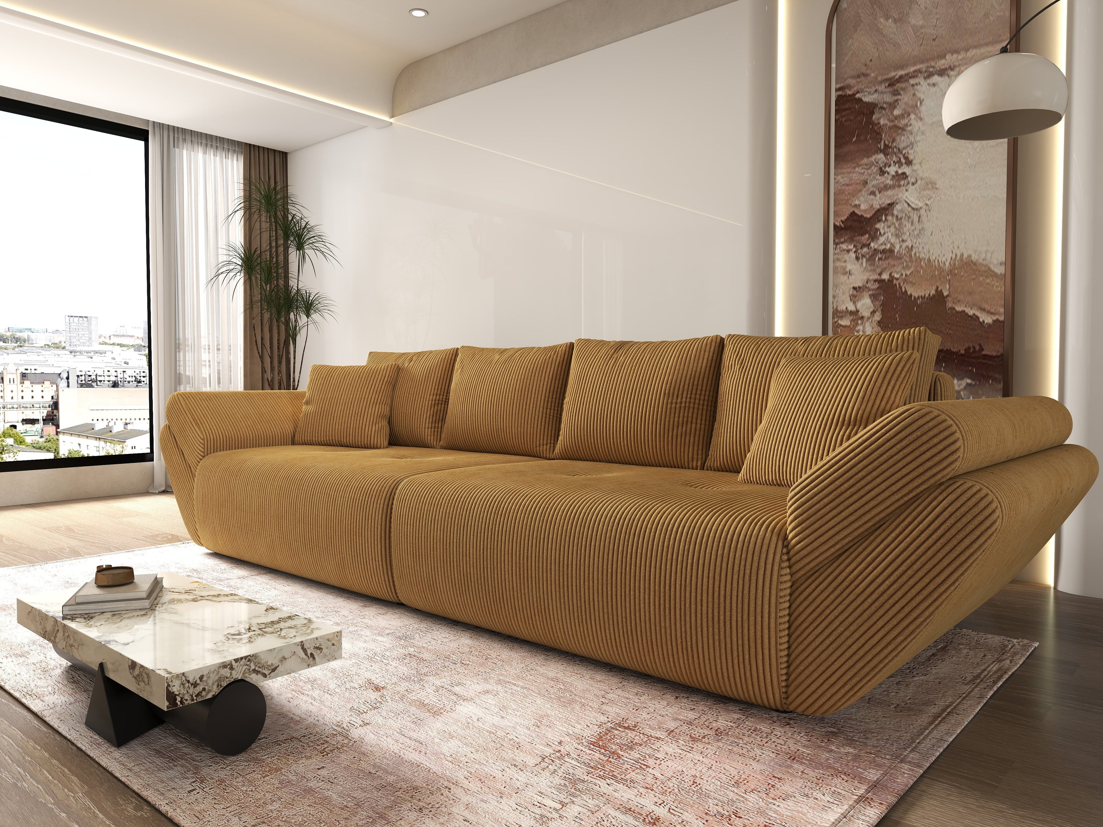 Canapea extensibilă dumonde cu ladă de depozitare si sezut confortabil din spuma high-density, Berlin Zoom Mustar 300x100 cm