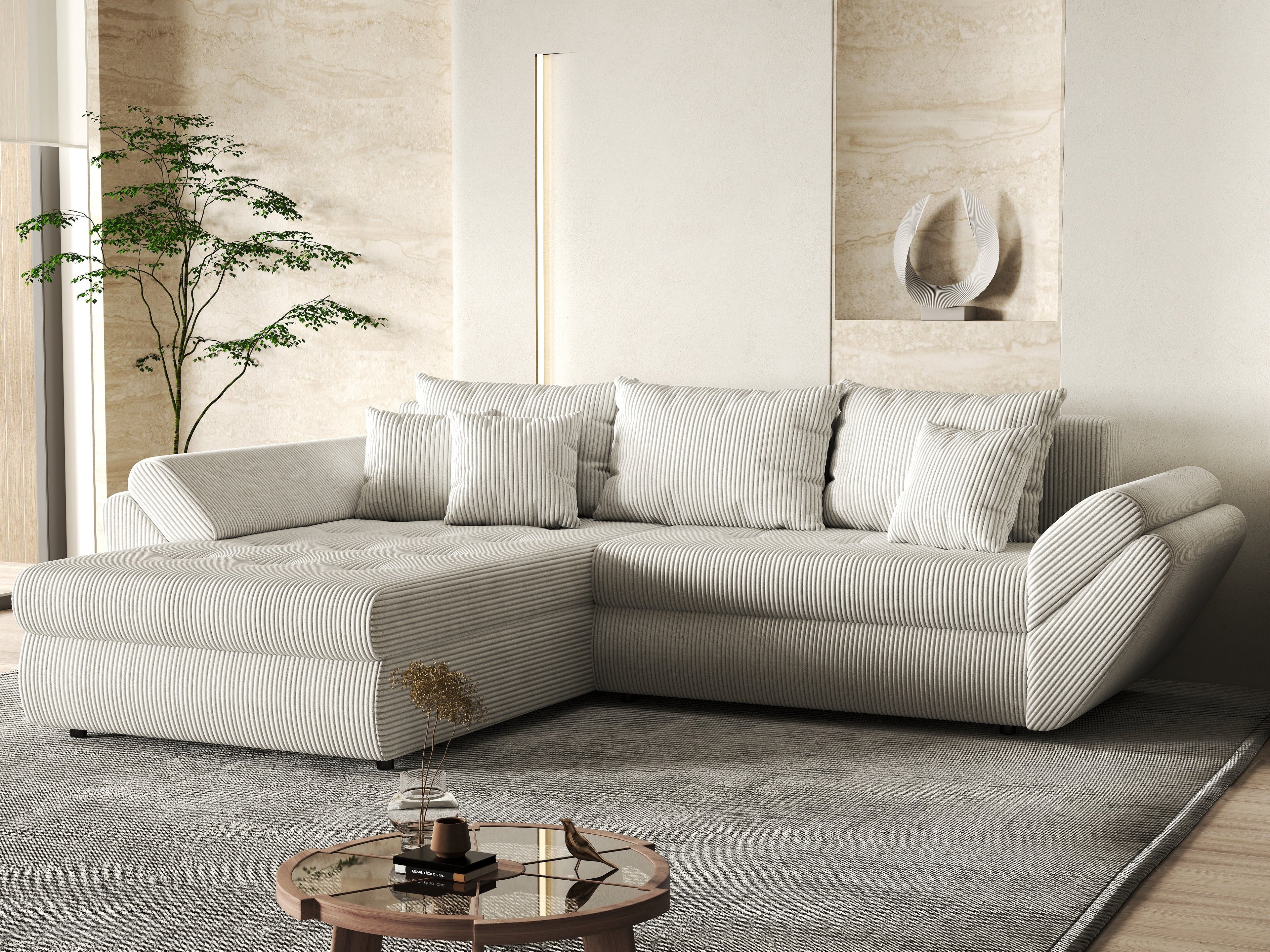 Colțar extensibil dumonde cu ladă de depozitare si sezut confortabil din spuma high-density, Loana Zoom Crem 270x185 cm