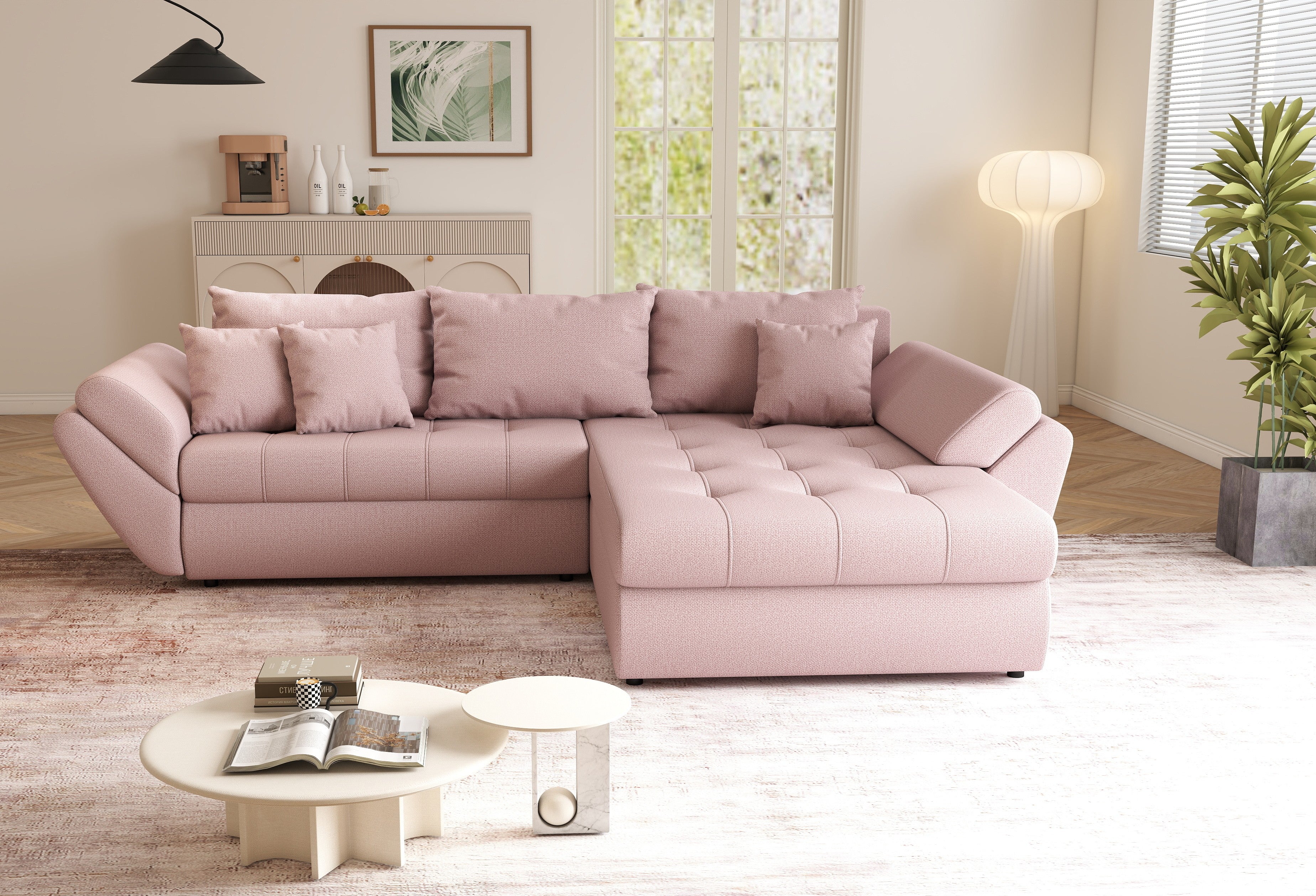 Colțar extensibil dumonde cu ladă de depozitare si sezut confortabil din spuma high-density, Loana Enjoy Flamingo II 270x185 cm