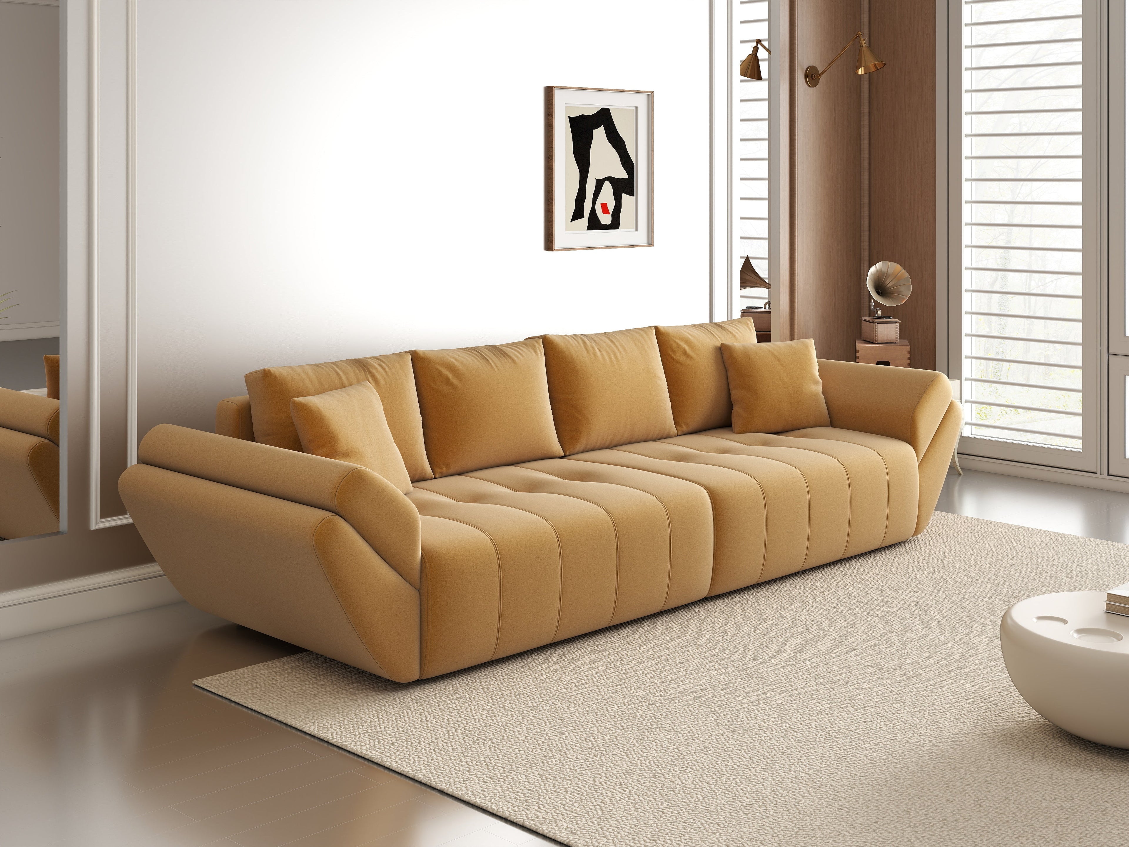 Canapea extensibilă dumonde cu ladă de depozitare si sezut confortabil din spuma high-density, Berlin Royal Mustar 300x100 cm