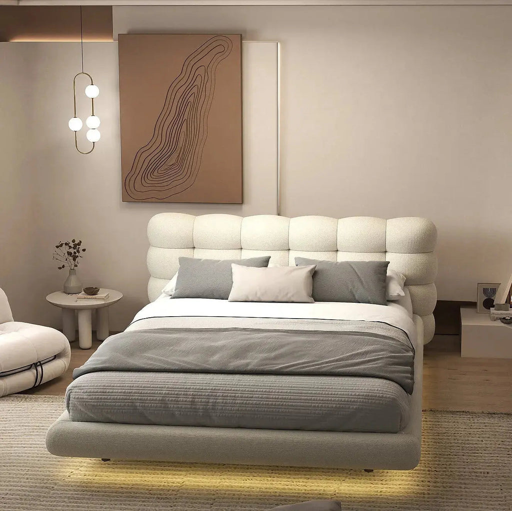 Pat dormitor dumonde, tapitat gri cu LED, "floating bed" Cloud 180x200 cm, somiera inclusa