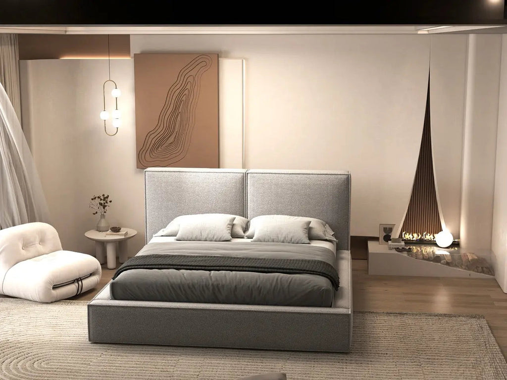 Pat dormitor dumonde, tapitat gri, Dreamer 160x200 cm, somiera rabatabila inclusa, spatiu depozitare