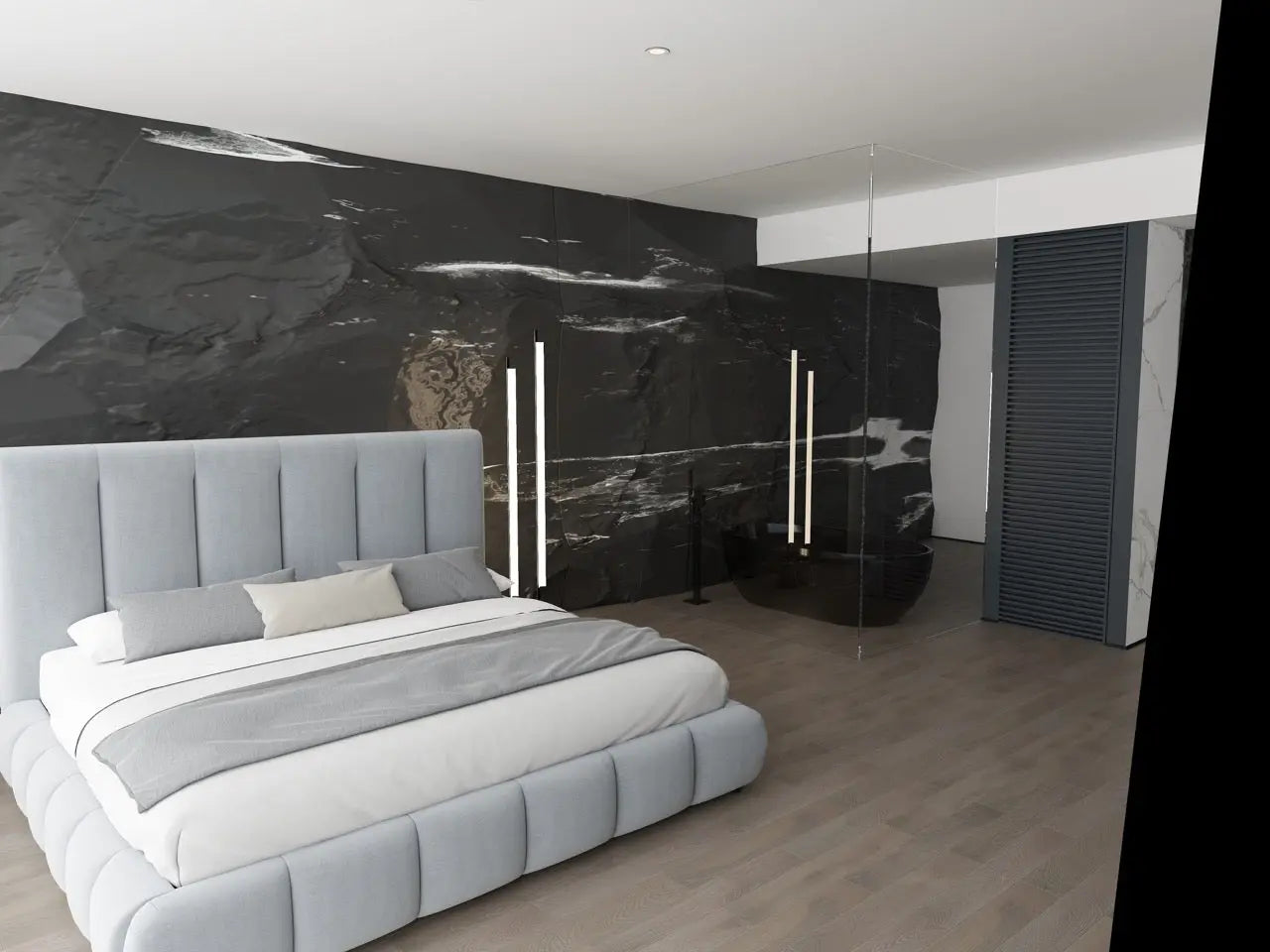 Pat dormitor dumonde, tapitat gri, Divaneo 140x200 cm, somiera rabatabila inclusa, spatiu depozitare