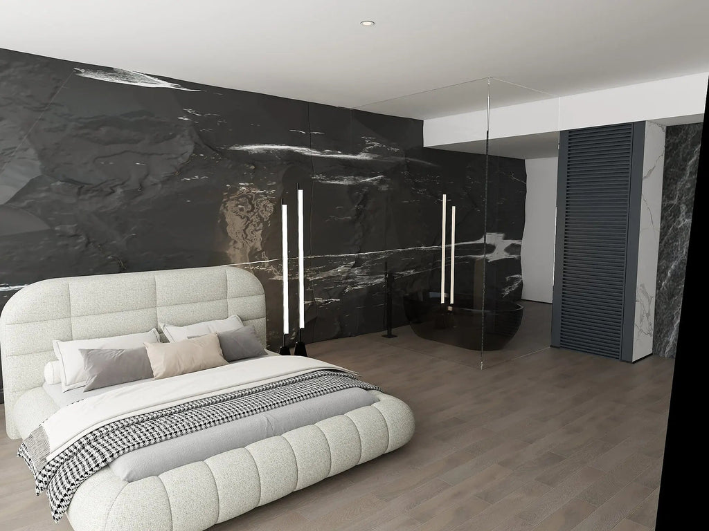 Pat dormitor dumonde, tapitat bej, Senso 180x200 cm, somiera rabatabila inclusa, spatiu depozitare