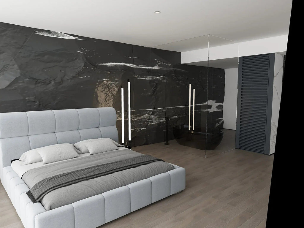 Pat dormitor dumonde, tapitat gri, Prestige 160x200 cm, somiera rabatabila inclusa, spatiu depozitare