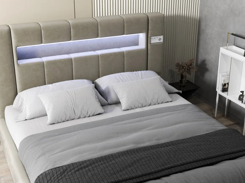 Pat dormitor dumonde, tapitat bej, Glow 180x200 cm, somiera rabatabila inclusa, spatiu depozitare