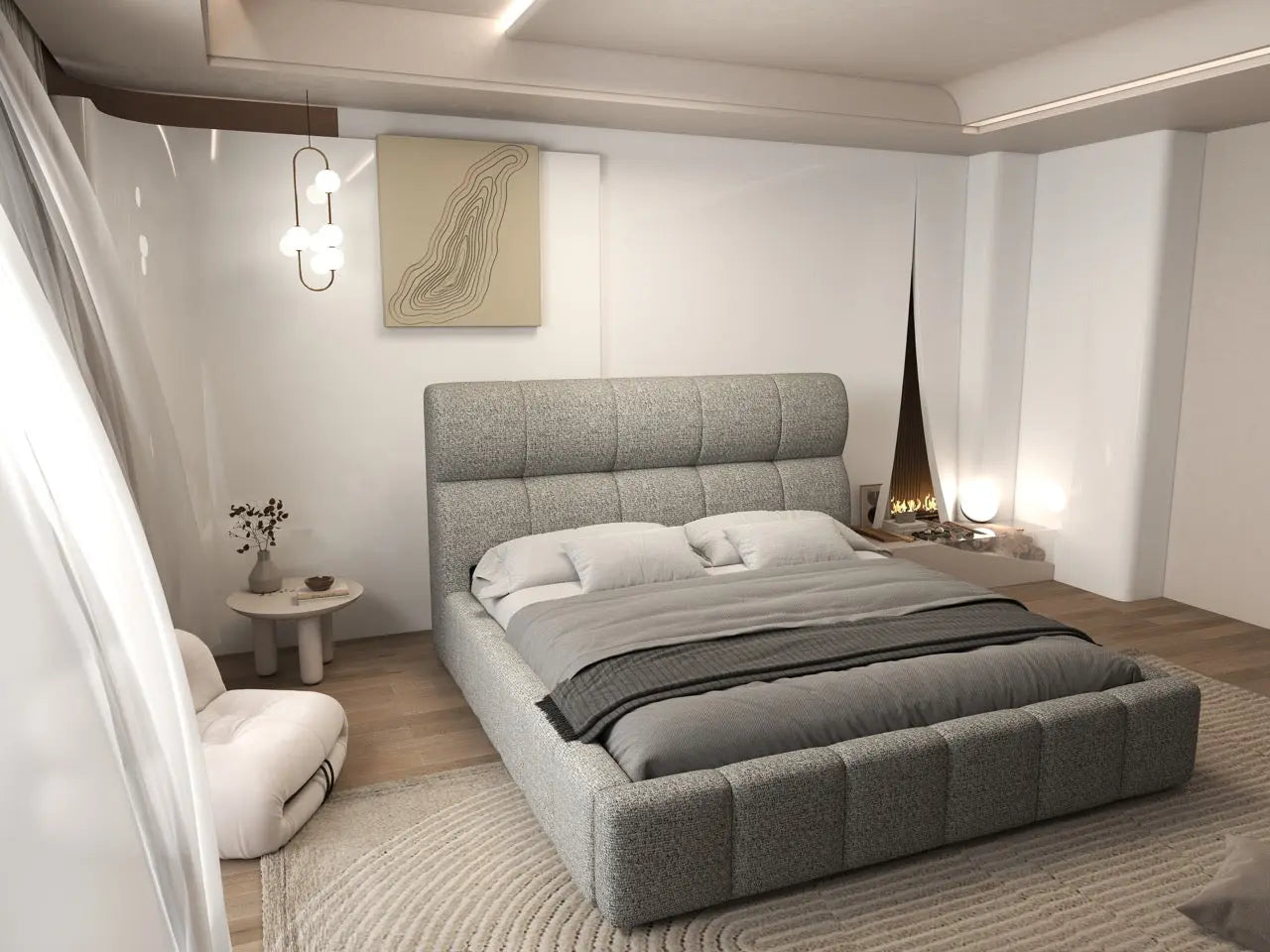 Pat dormitor dumonde, tapitat bej, Prestige 180x200 cm, somiera rabatabila inclusa, spatiu depozitare