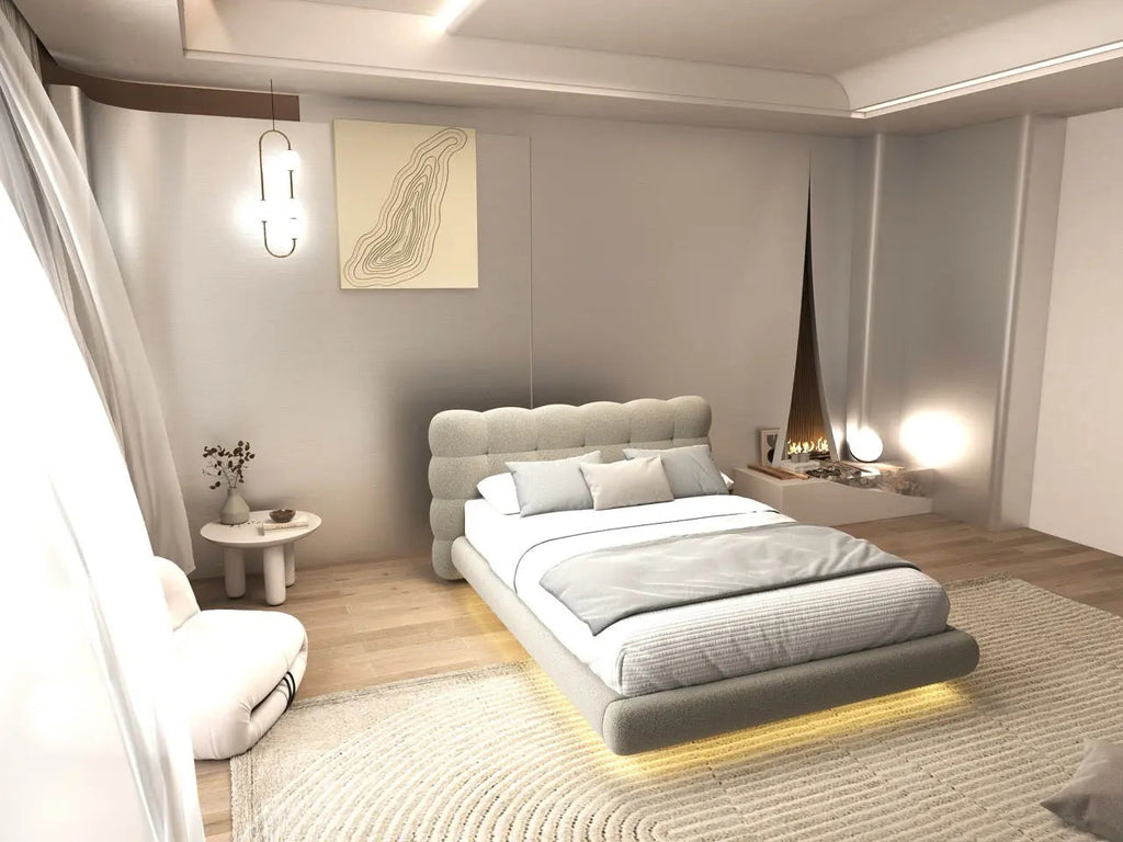 Pat dormitor dumonde, tapitat bej cu LED, "floating bed" Cloud 160x200 cm, somiera inclusa