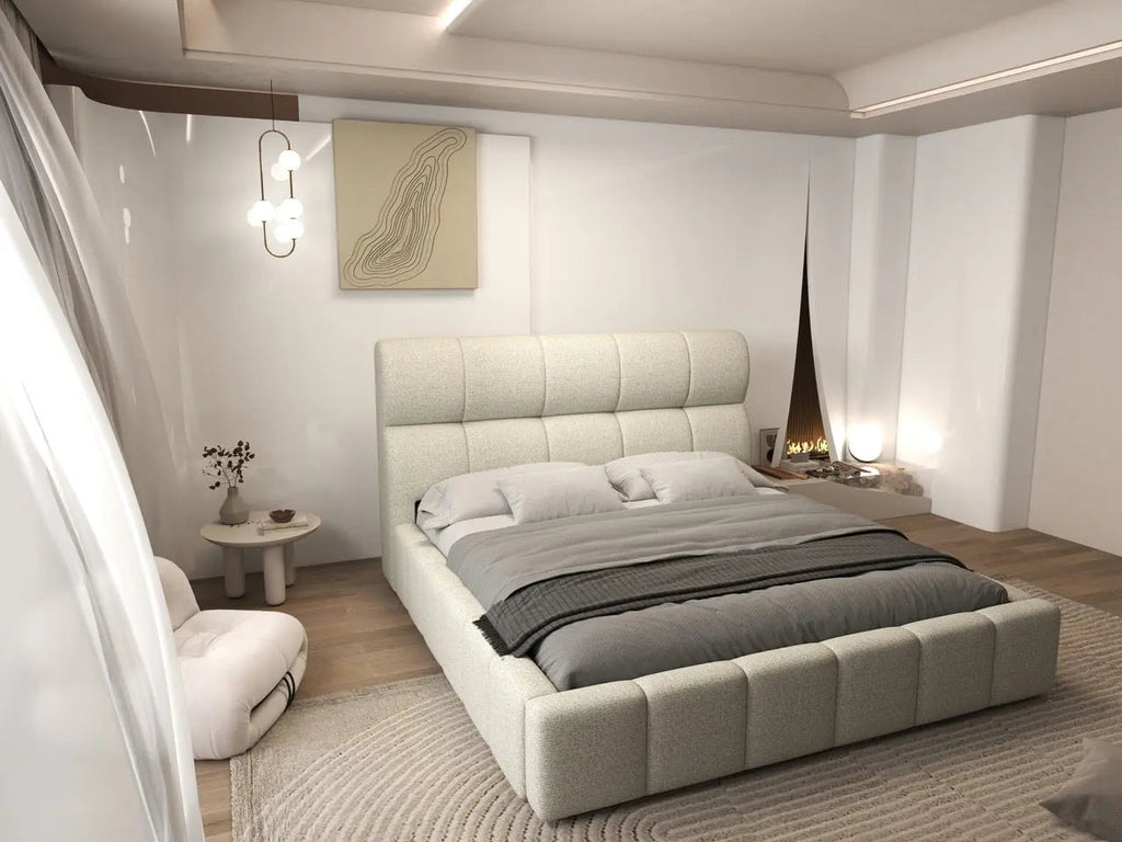 Pat dormitor dumonde, tapitat bej, Prestige 180x200 cm, somiera rabatabila inclusa, spatiu depozitare