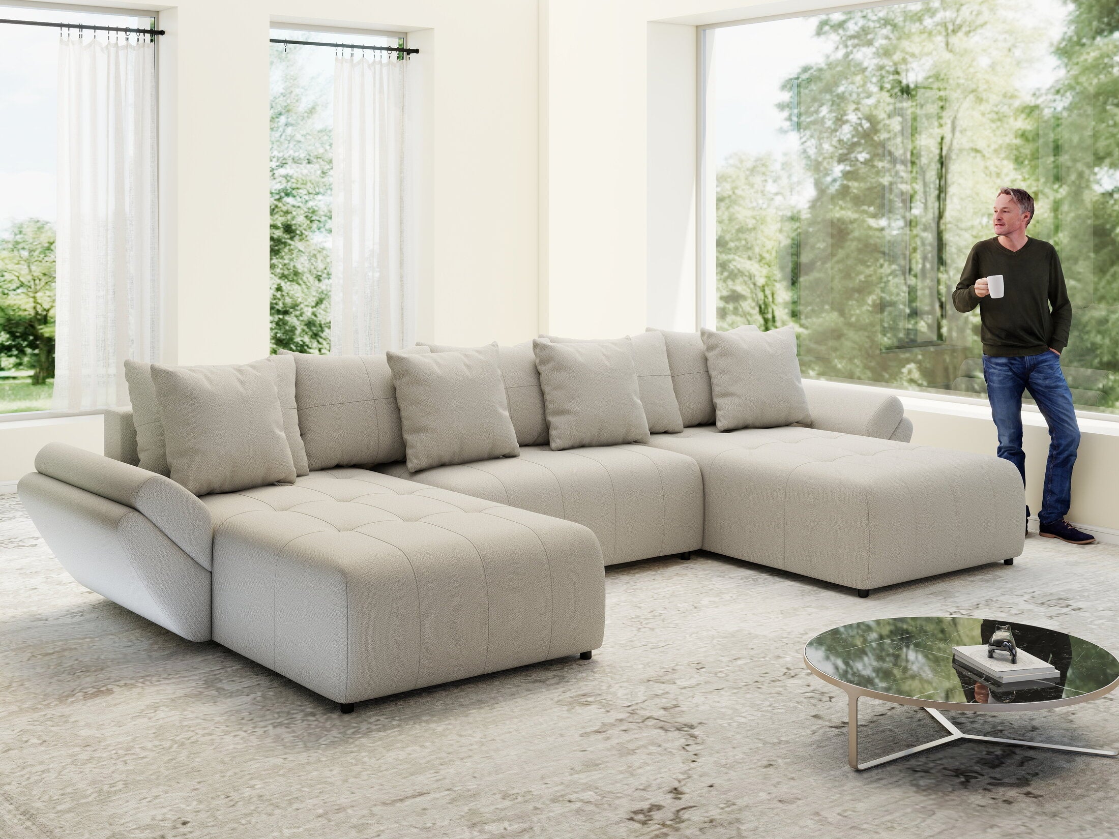 Colțar extensibil dumonde cu ladă de depozitare si sezut confortabil din spuma high-density, Berlin U Enjoy Bej 380x180 cm